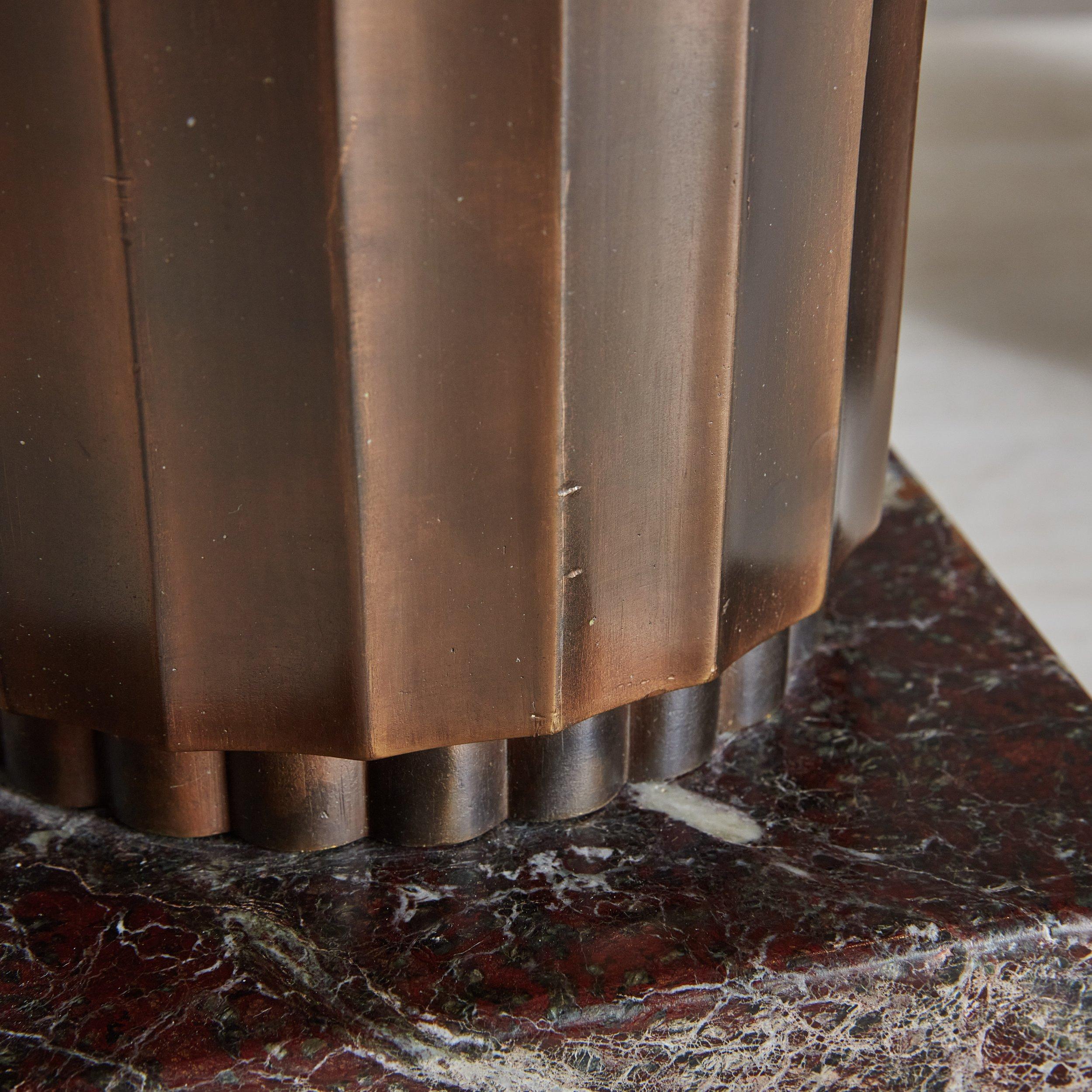 Pair of Fluted Bronze Table Lamps on Red Marble Bases, Italy 20th Century 3