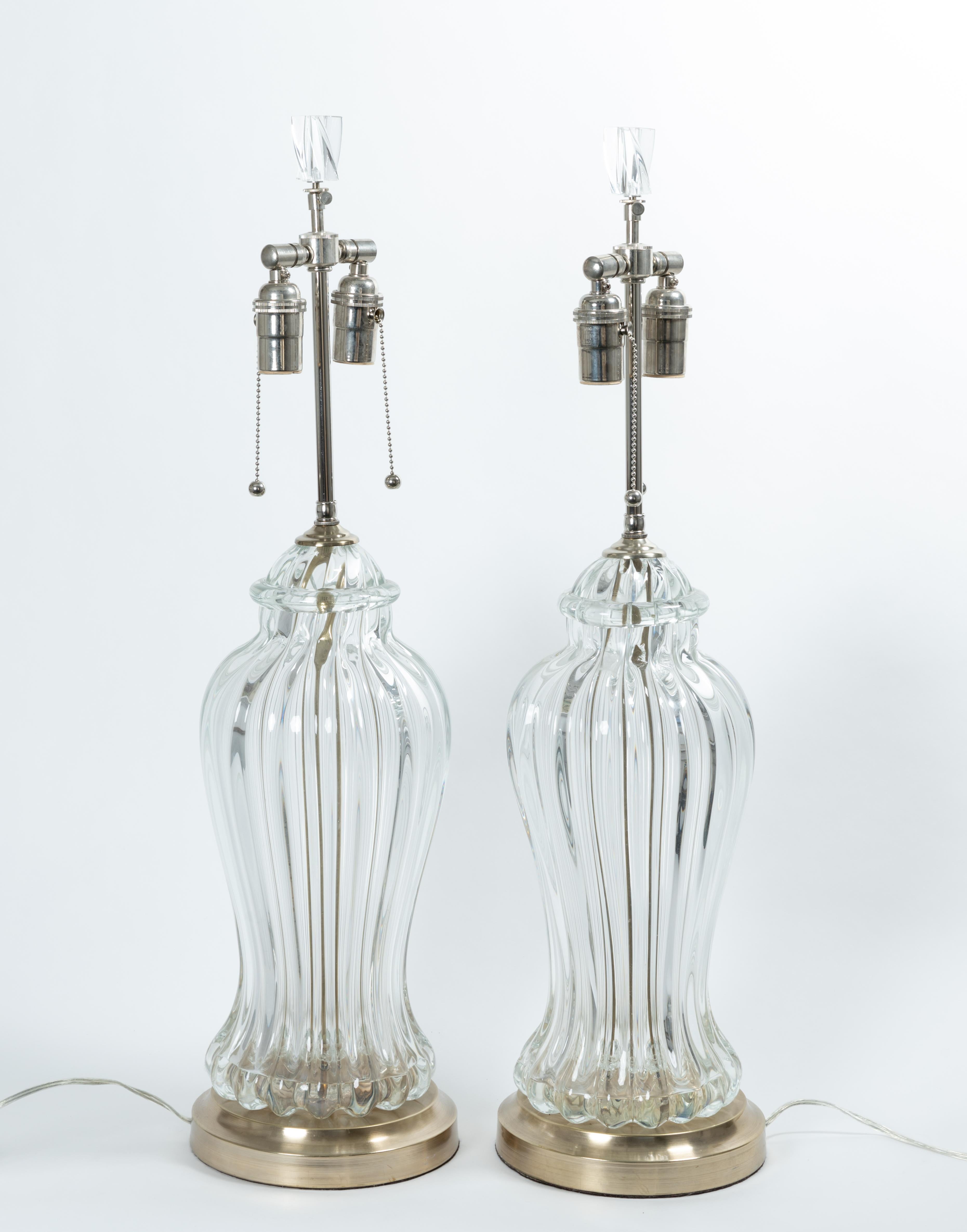 Mid-Century Modern Pair of Fluted Clear Murano Glass Table Lamps with Nickel Detail For Sale