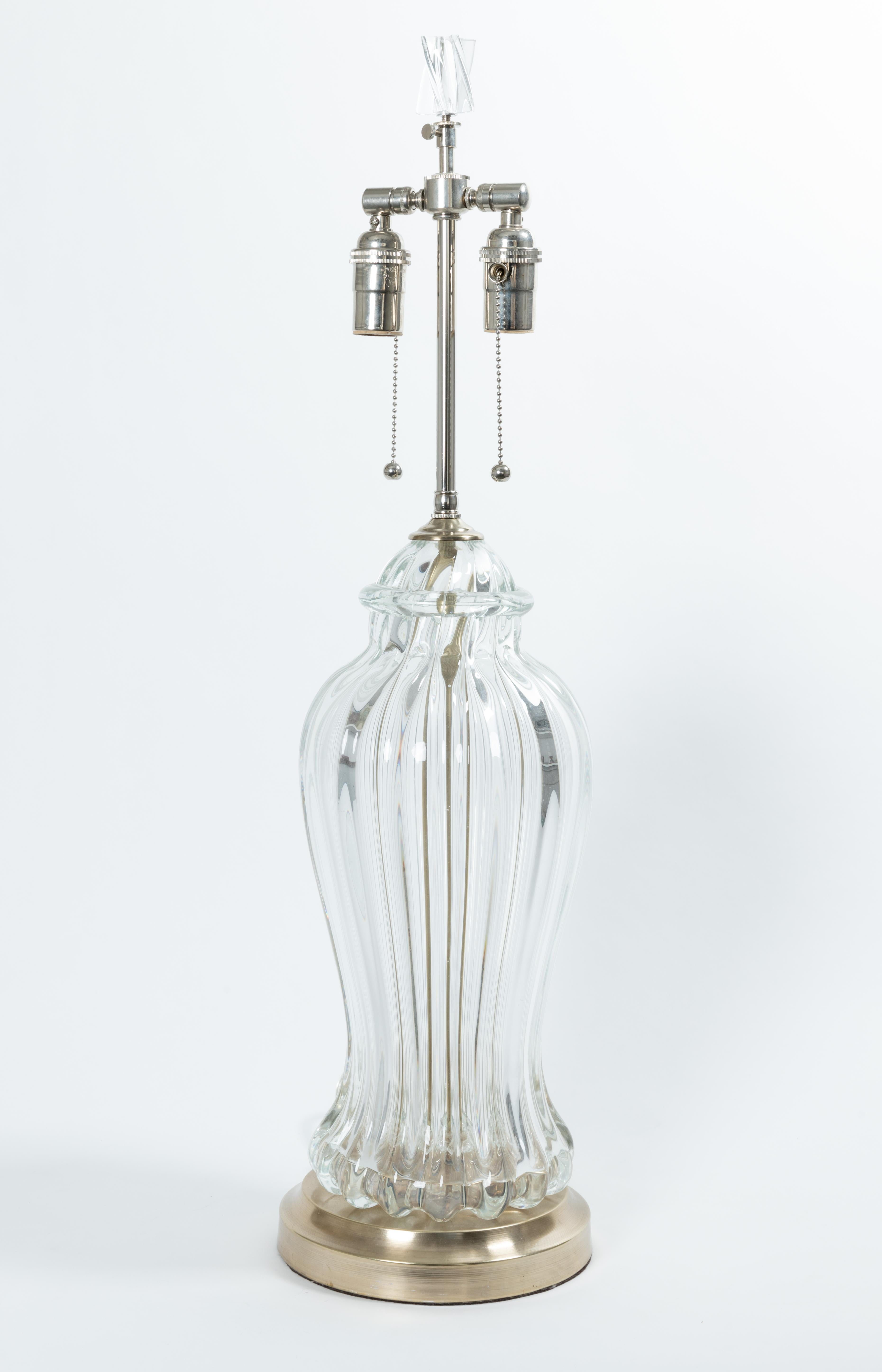 Italian Pair of Fluted Clear Murano Glass Table Lamps with Nickel Detail For Sale