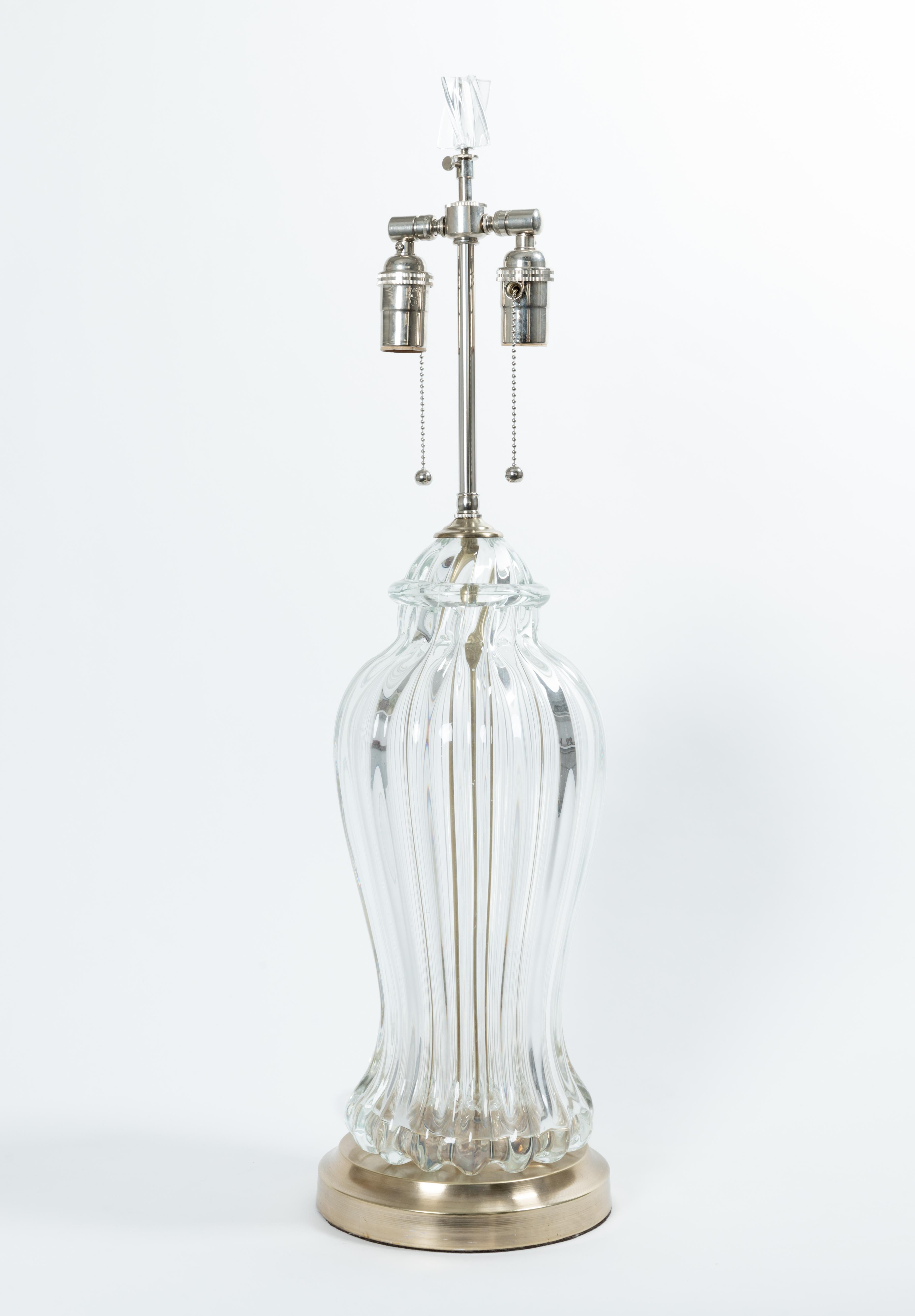 Pair of Fluted Clear Murano Glass Table Lamps with Nickel Detail In Good Condition For Sale In Bridgehampton, NY