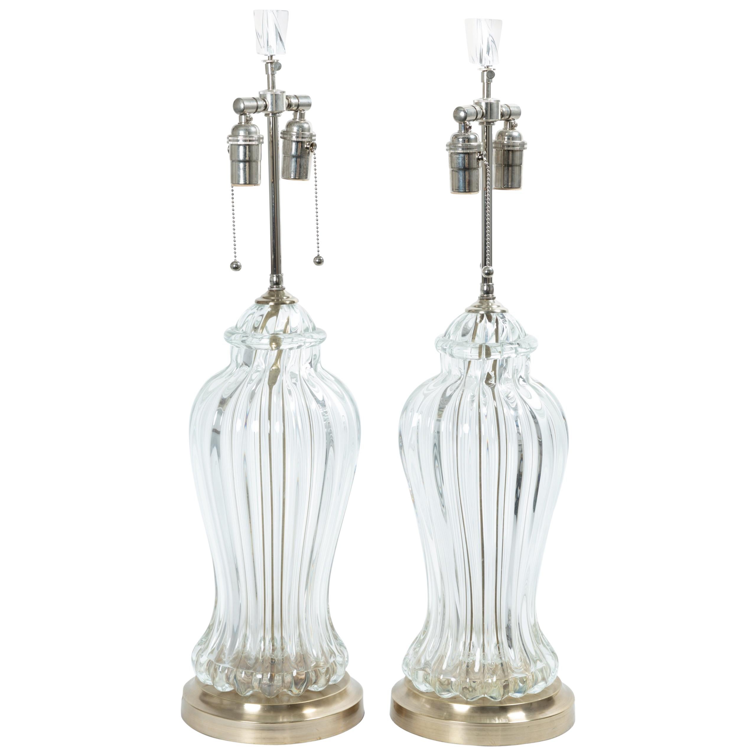 Pair of Fluted Clear Murano Glass Table Lamps with Nickel Detail