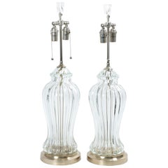 Retro Pair of Fluted Clear Murano Glass Table Lamps with Nickel Detail