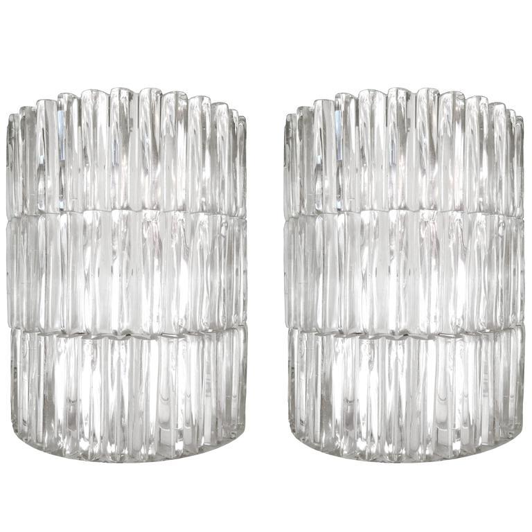 Pair of Fluted Glass Sconces Attributed to Hillebrand or Kaiser In Excellent Condition For Sale In New York, NY