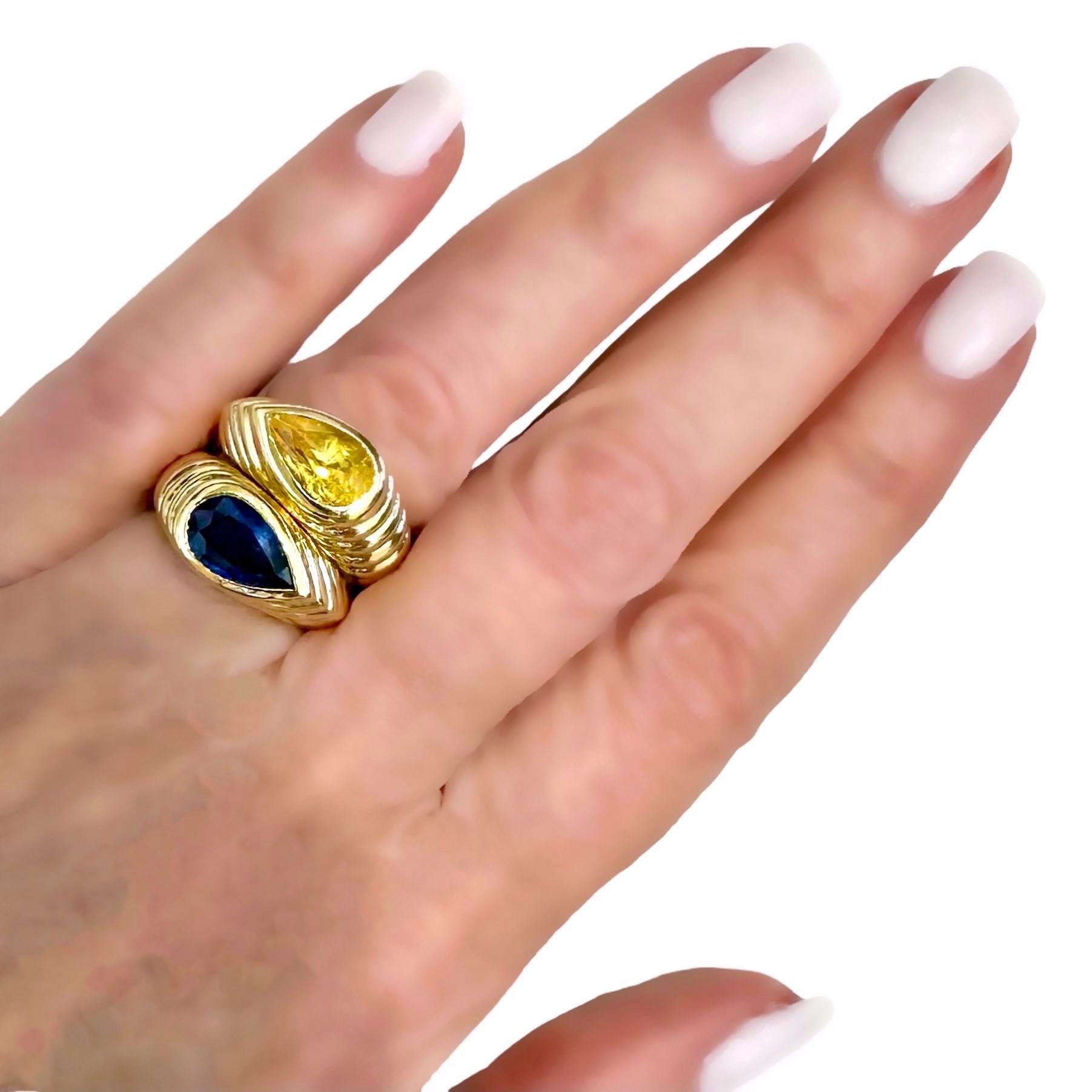 Pair of Fluted Gold Rings with Pear Shaped Blue and Yellow Sapphires by Niva For Sale 1