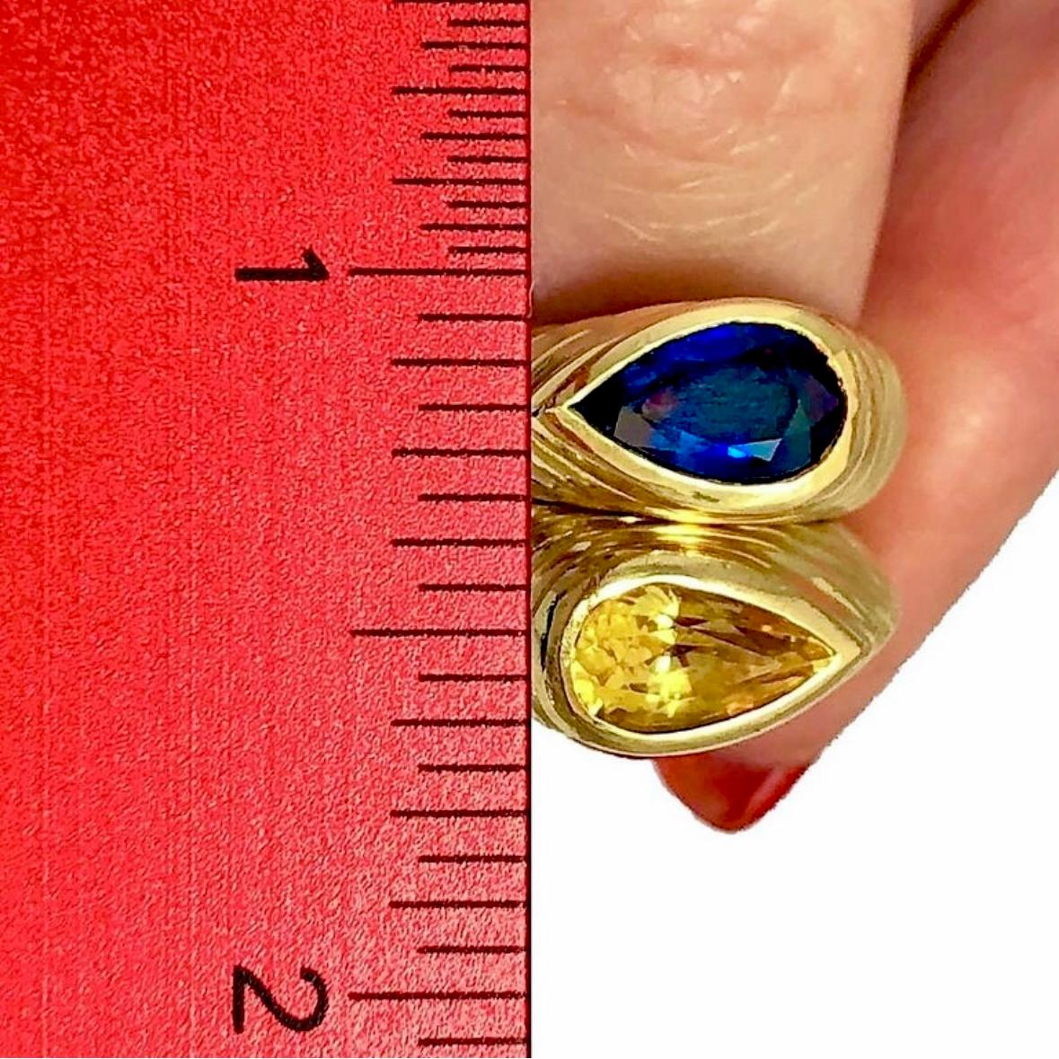 Women's Pair of Fluted Gold Rings with Pear Shaped Blue and Yellow Sapphires by Niva For Sale