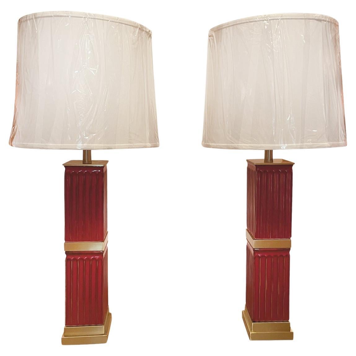 Pair of Fluted Red Ceramic Table Lamps