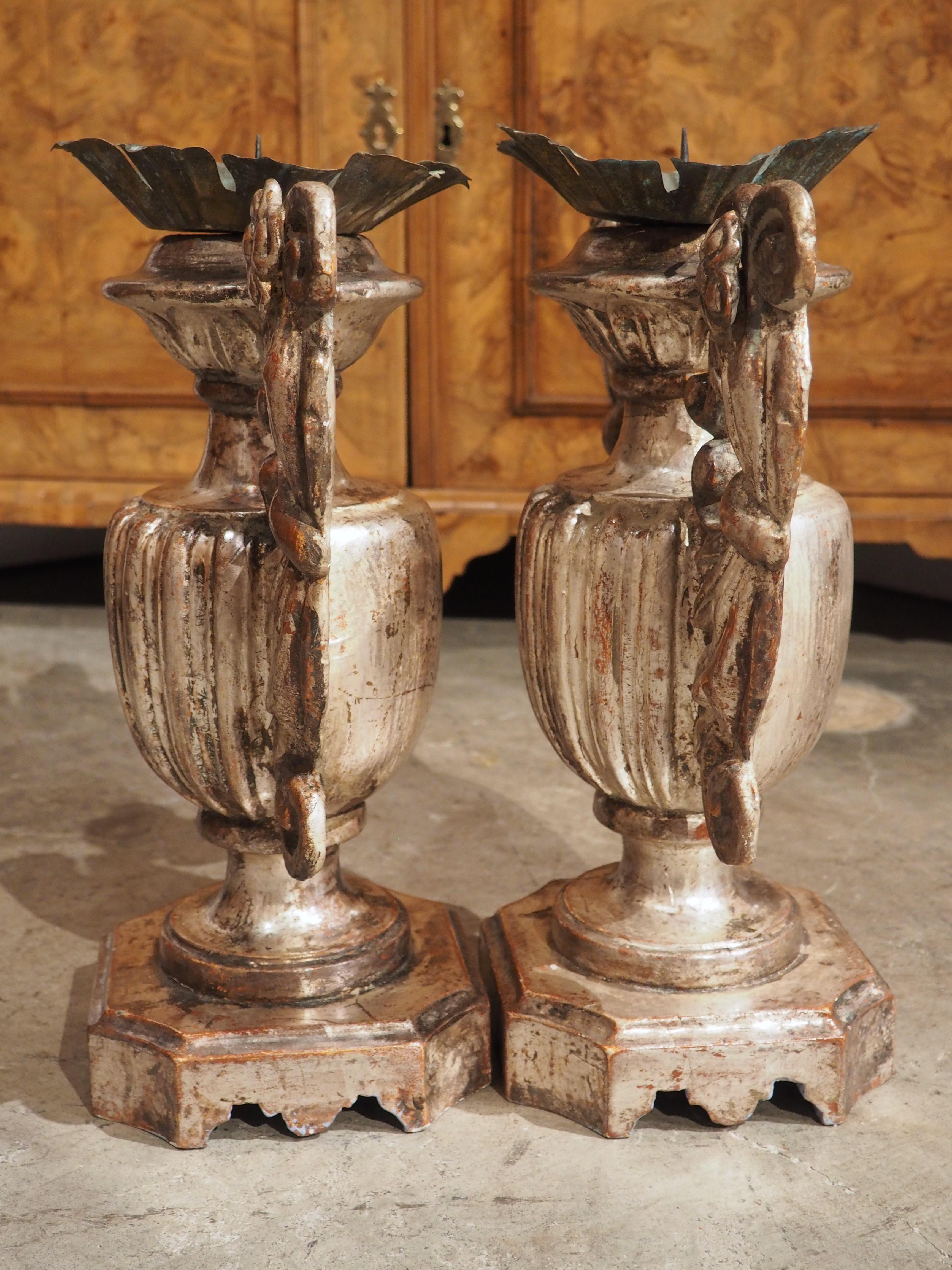 Pair of Fluted Silver Giltwood Pricket Candlesticks from Tuscany, Italy For Sale 5