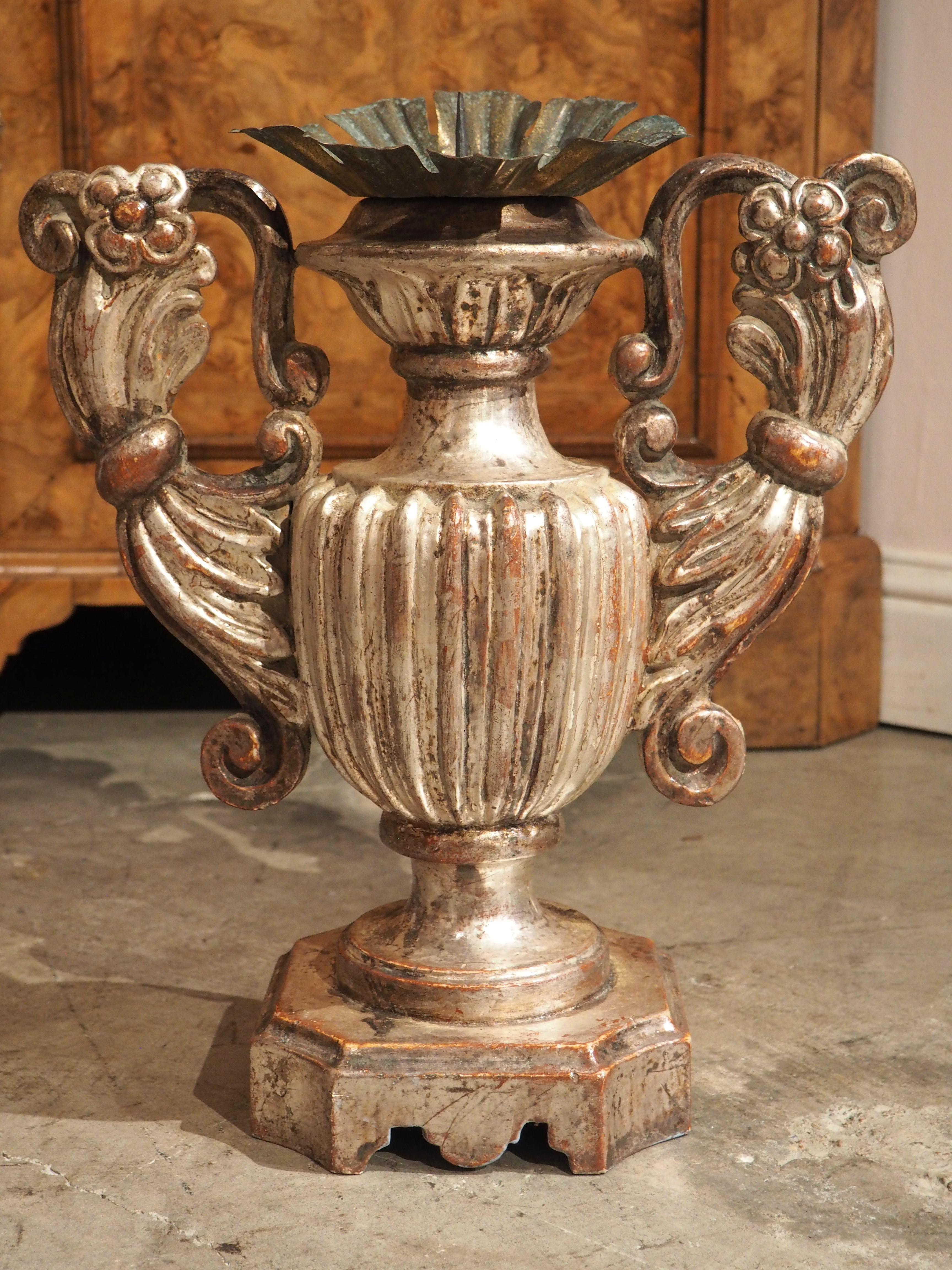 Pair of Fluted Silver Giltwood Pricket Candlesticks from Tuscany, Italy In Good Condition For Sale In Dallas, TX