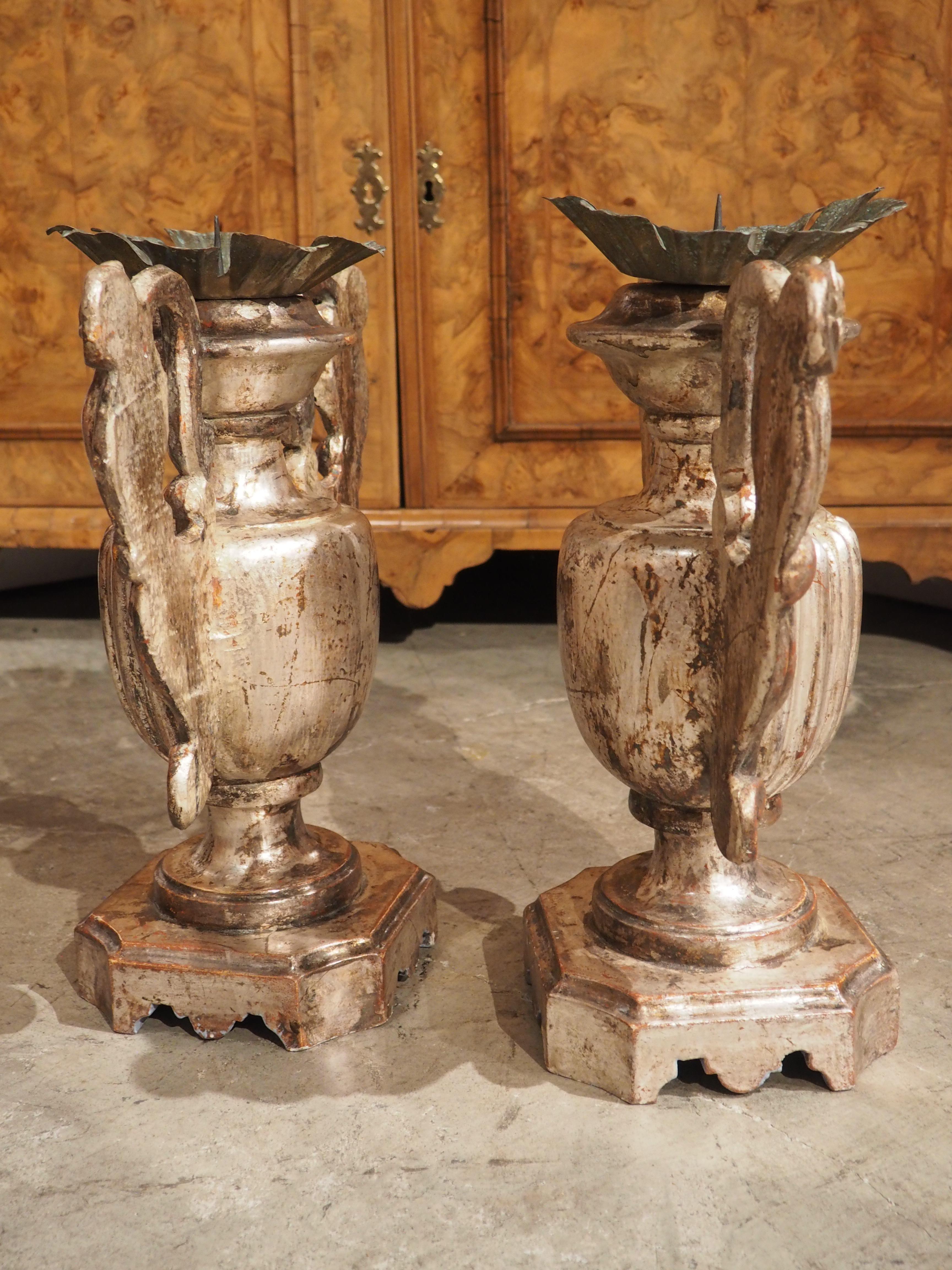 Pair of Fluted Silver Giltwood Pricket Candlesticks from Tuscany, Italy For Sale 2