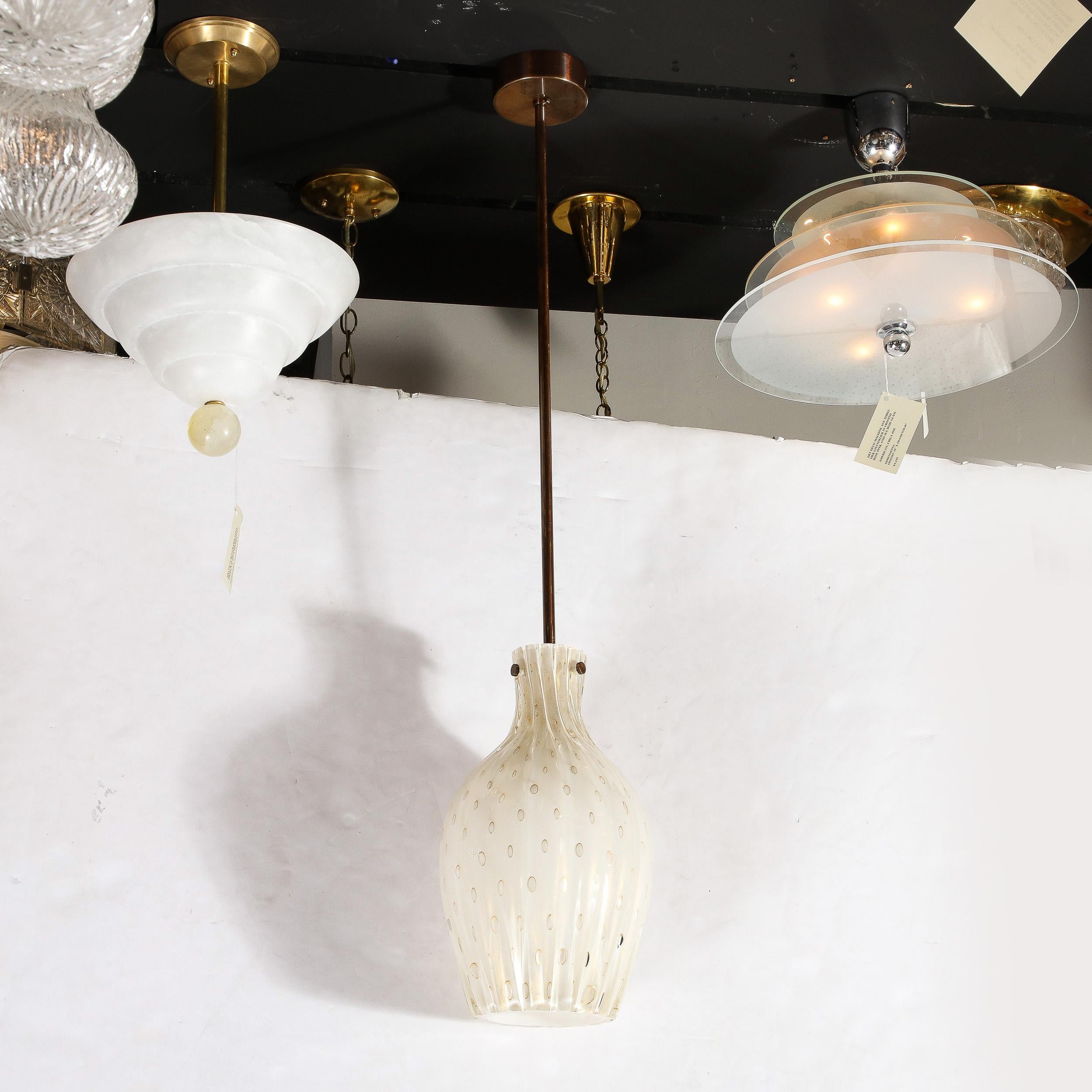 Pair of Fluted Urn-Form Murano White Glass Pendants with Antiqued Brass Fittings 4