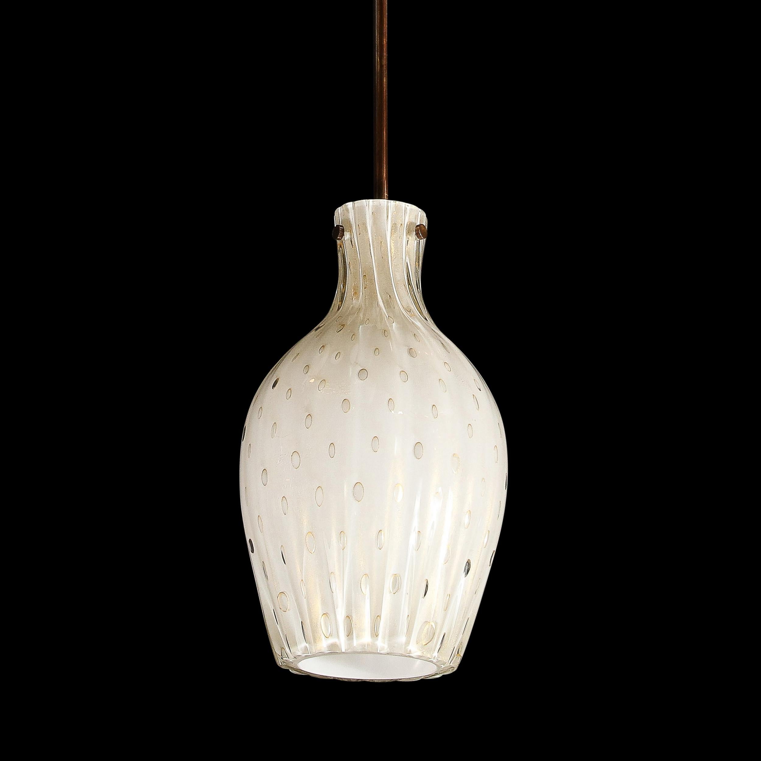 Pair of Fluted Urn-Form Murano White Glass Pendants with Antiqued Brass Fittings 7