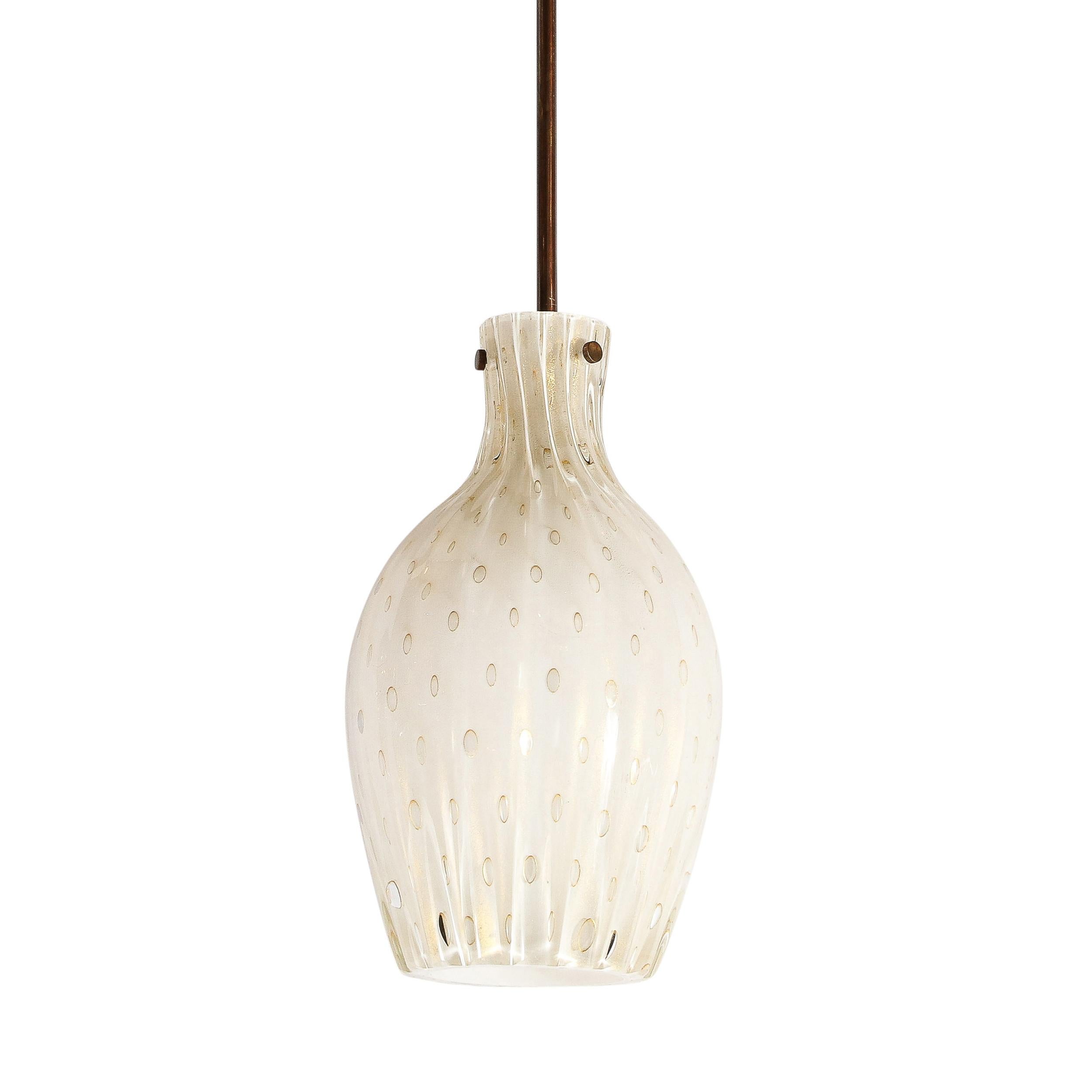 Italian Pair of Fluted Urn-Form Murano White Glass Pendants with Antiqued Brass Fittings