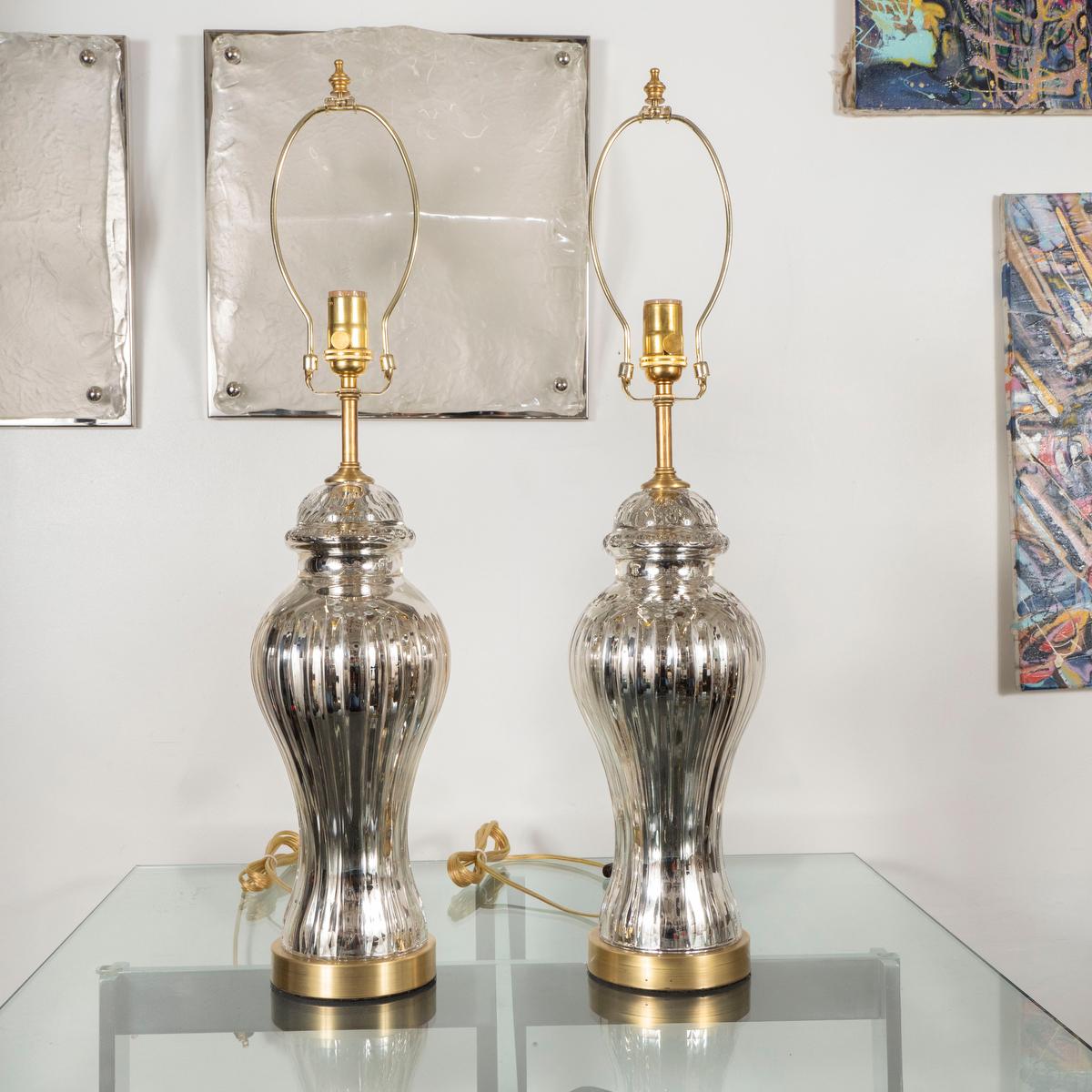 Mid-Century Modern Pair of Fluted Urn-Shaped Mercury Glass Lamps For Sale