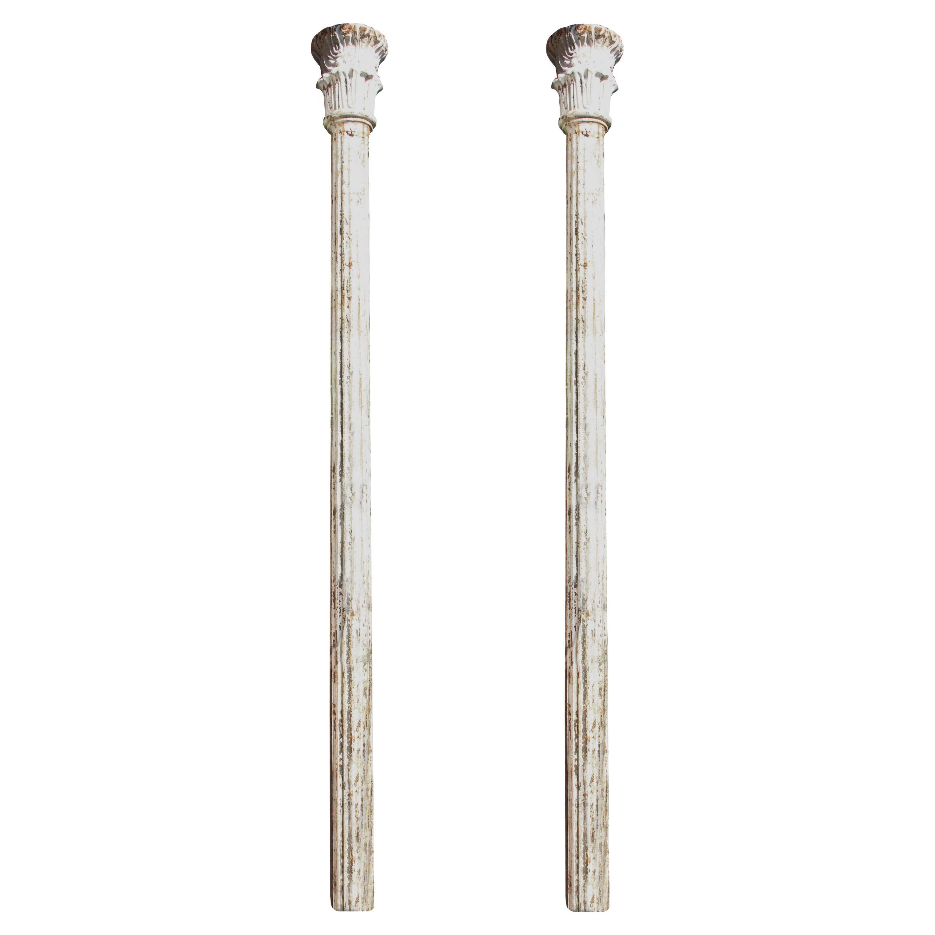 Pair of Fluted White Structural Cast Iron Columns Corinthian, Early