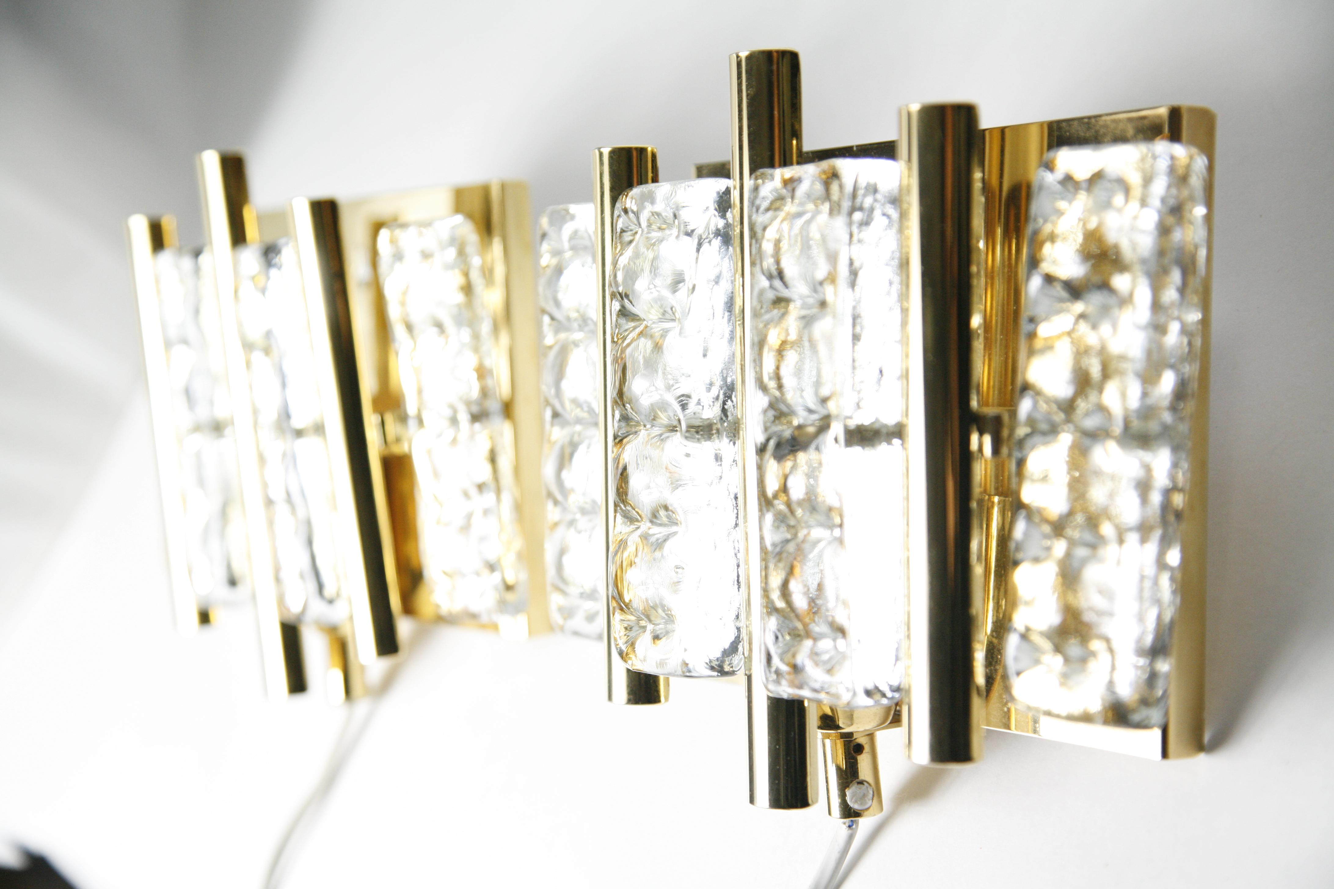 Swedish Pair of Flygsfors Brass Sconces Glass Elements, Sweden, 1970 For Sale