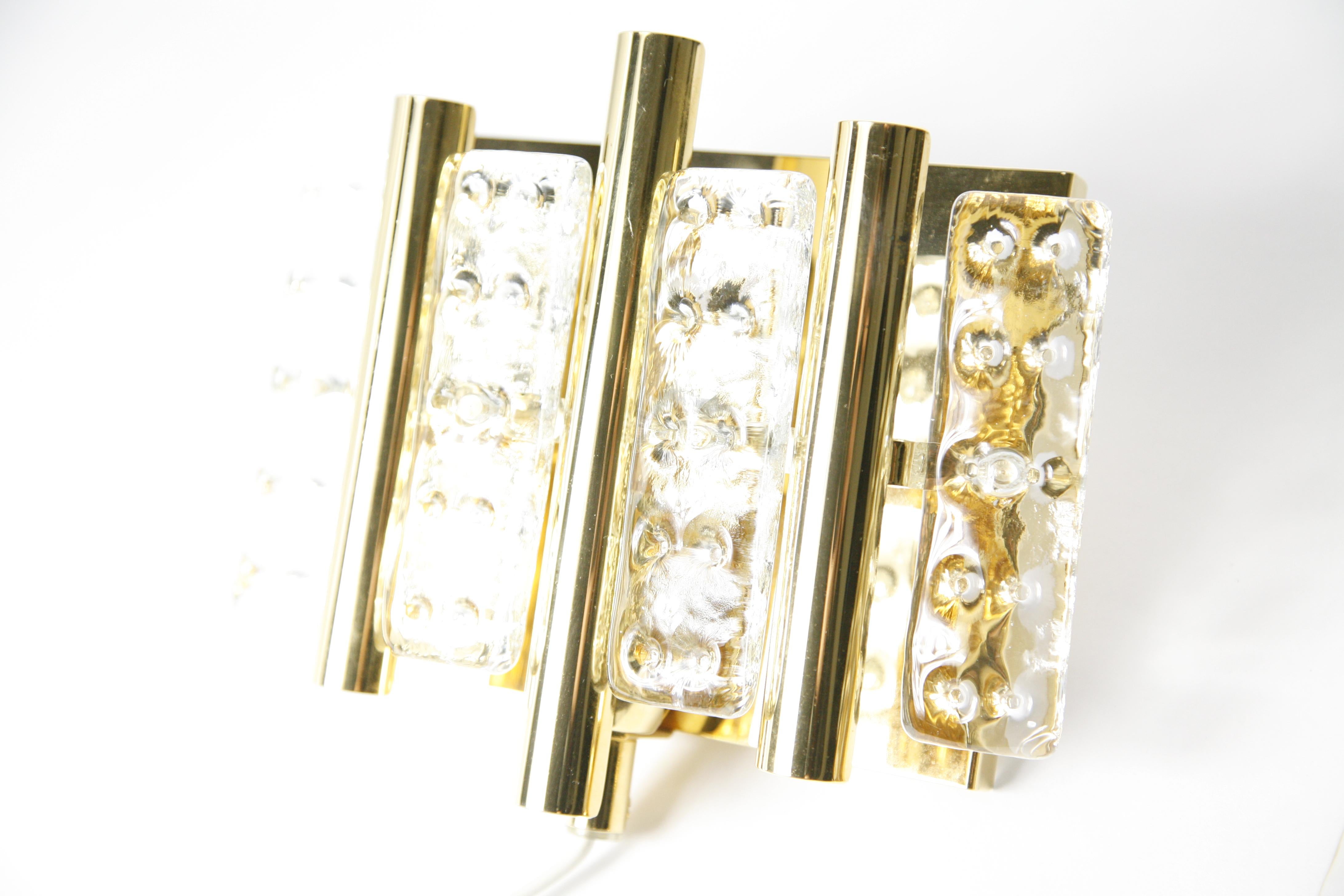 20th Century Pair of Flygsfors Brass Sconces Glass Elements, Sweden, 1970 For Sale