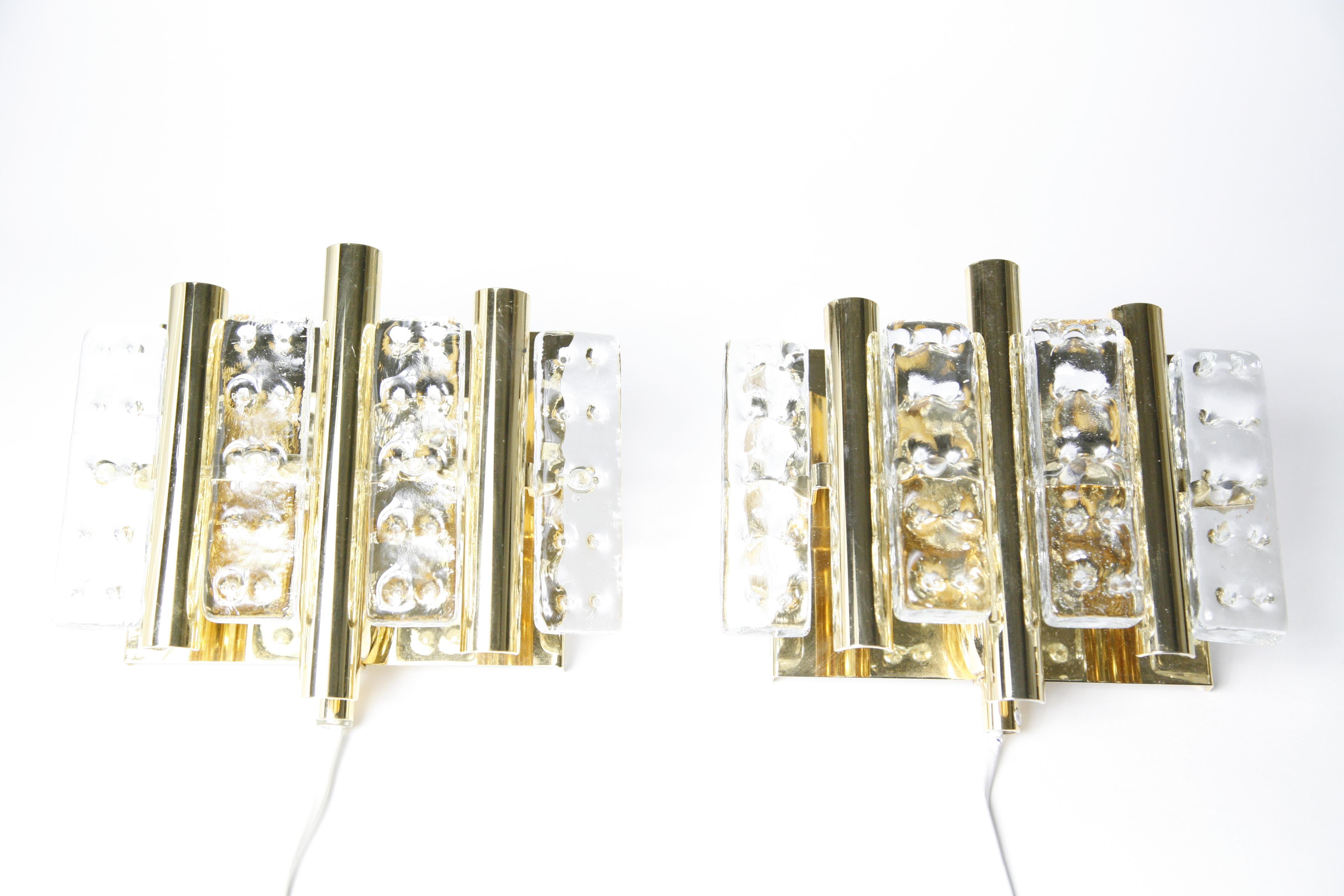 Crystal Pair of Flygsfors Brass Sconces Glass Elements, Sweden, 1970 For Sale