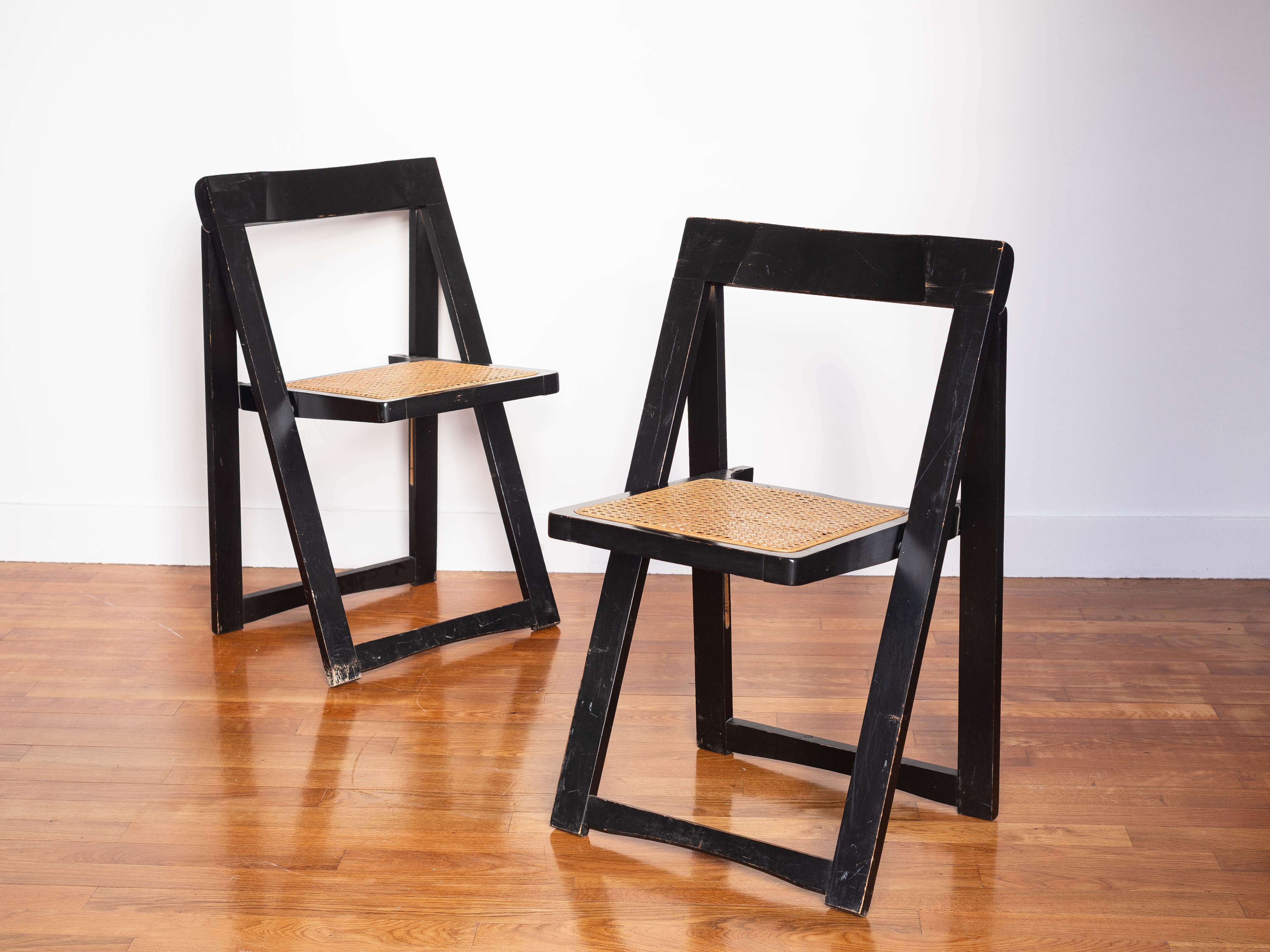 Pair of Foldable Chairs - Aldo Jacober for Bazzani, Wood & Rattan - Italy 1960s In condizioni buone in vendita a ROUEN, Normandie