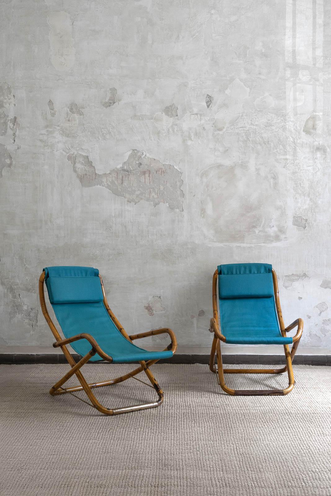 Pair of Foldable Reclining Armchairs In Curved Bamboo With Brass Finishes, Italy, 1970s
Product Details
Upholstered in Dedar fabric.
Dimensions: 68 W x 93 H x 106 D cm