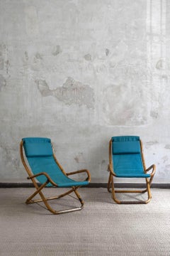 Pair of Foldable Reclining Armchairs In Curved Bamboo, Italy 1970s