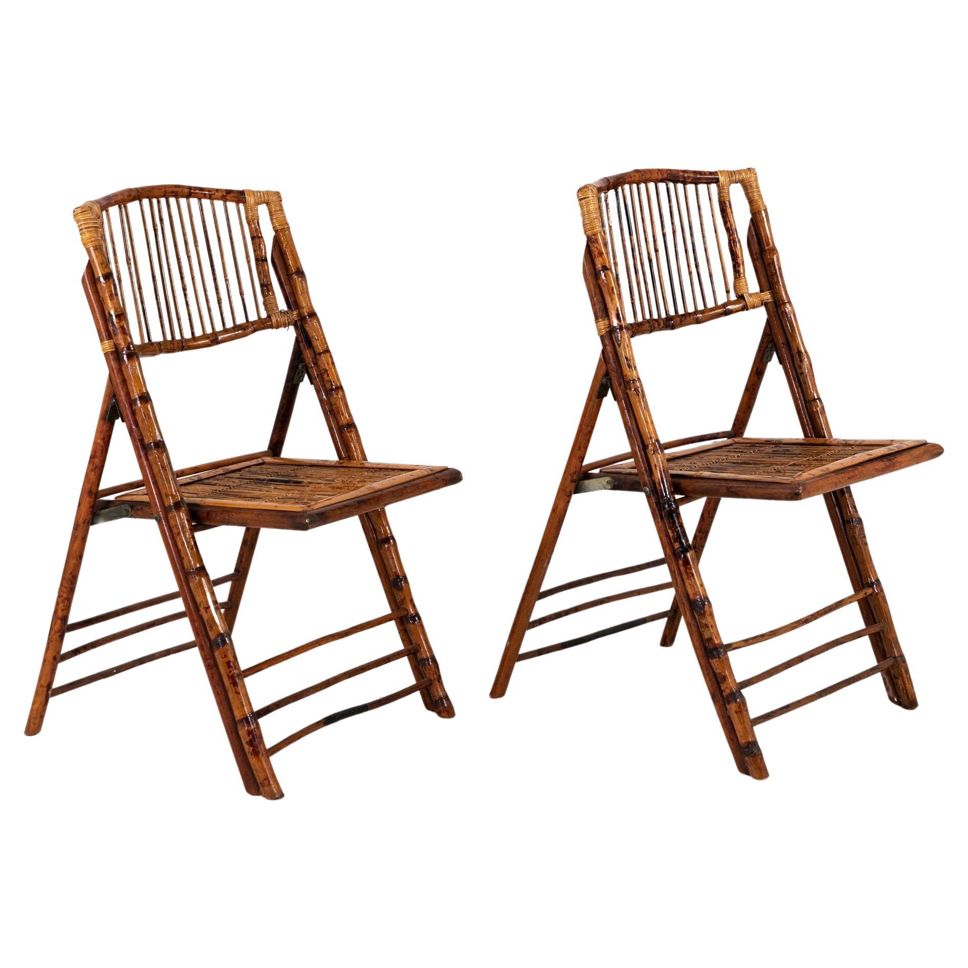 Paire de chaises pliantes en bambou, vintage en vente