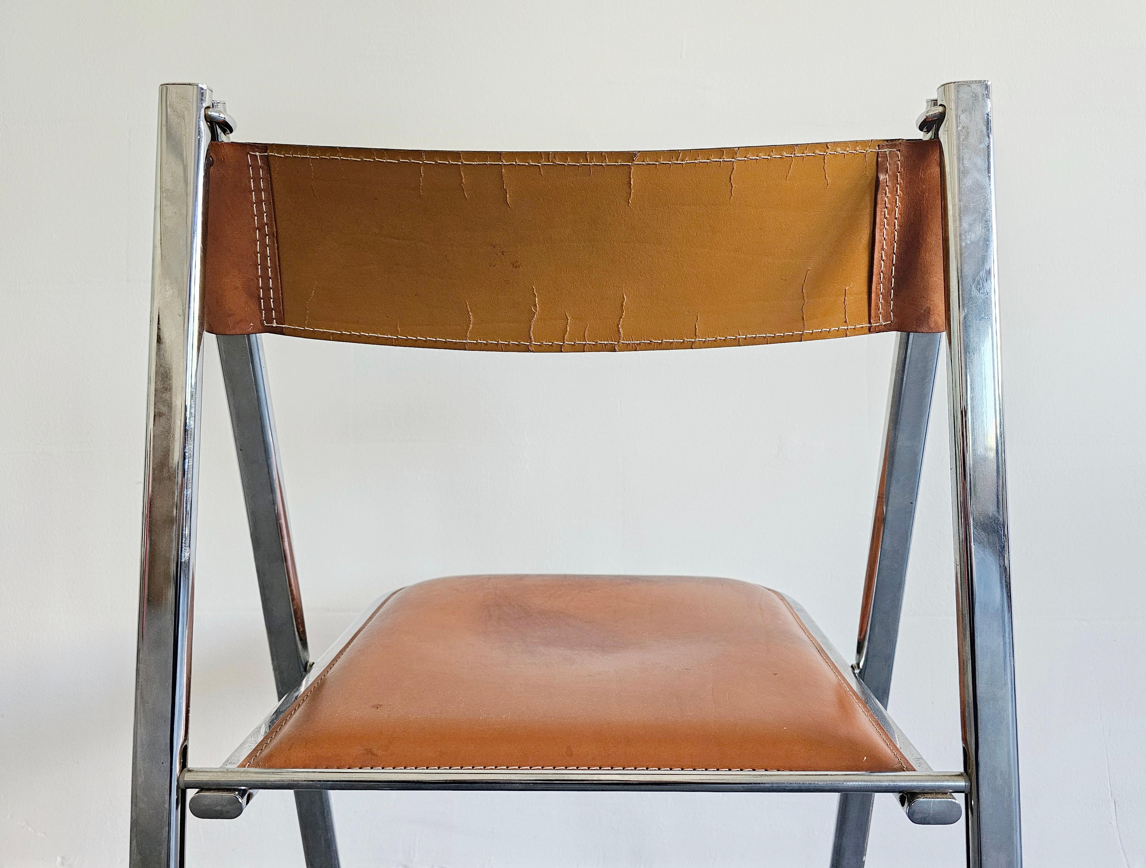 Pair of Folding Chairs by Arrben, model Tamara, in cognac leather, Italy 1970s For Sale 6