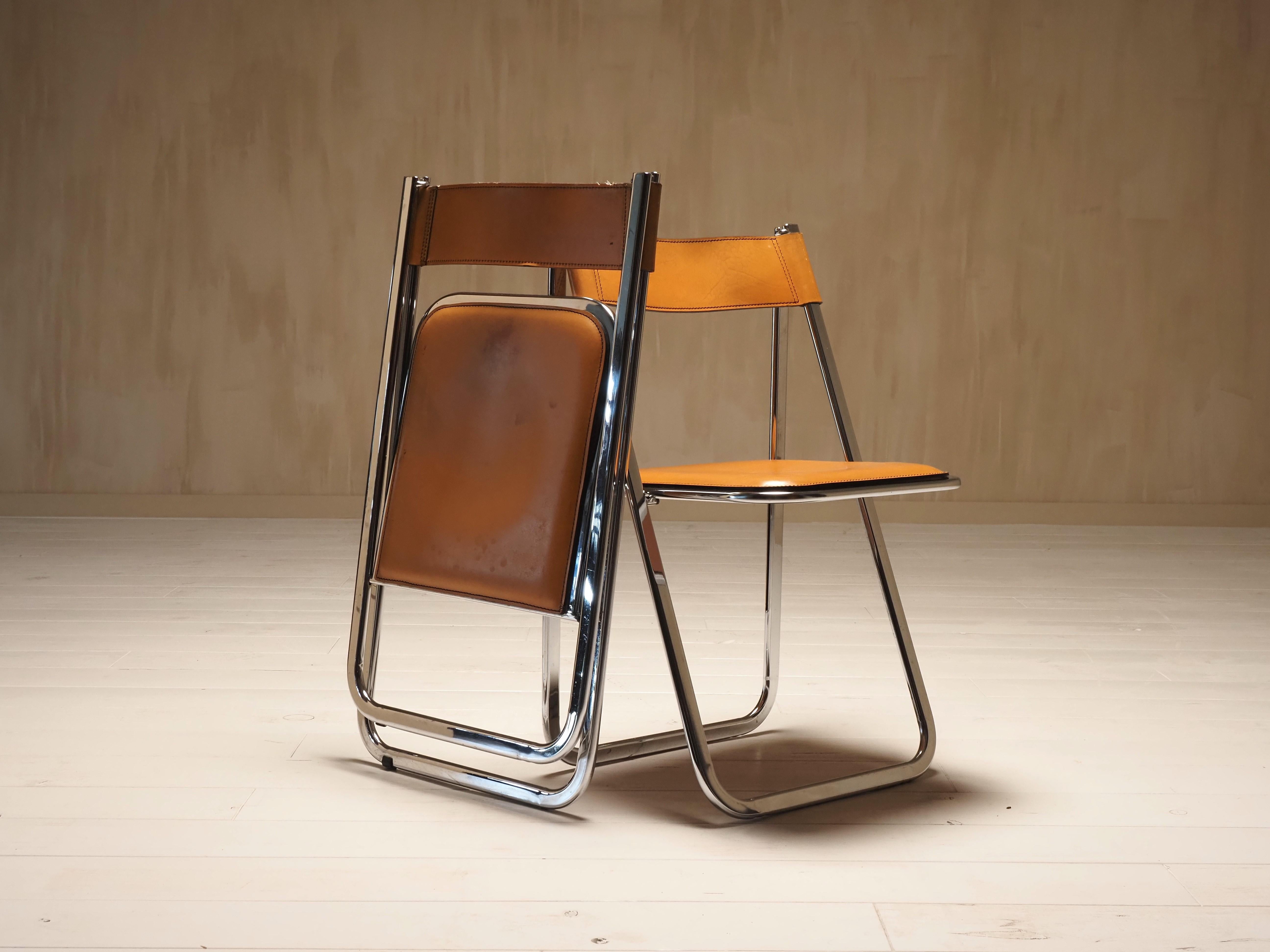 Pair of Folding Chairs by Arrben, model Tamara, in cognac leather, Italy 1970s 7