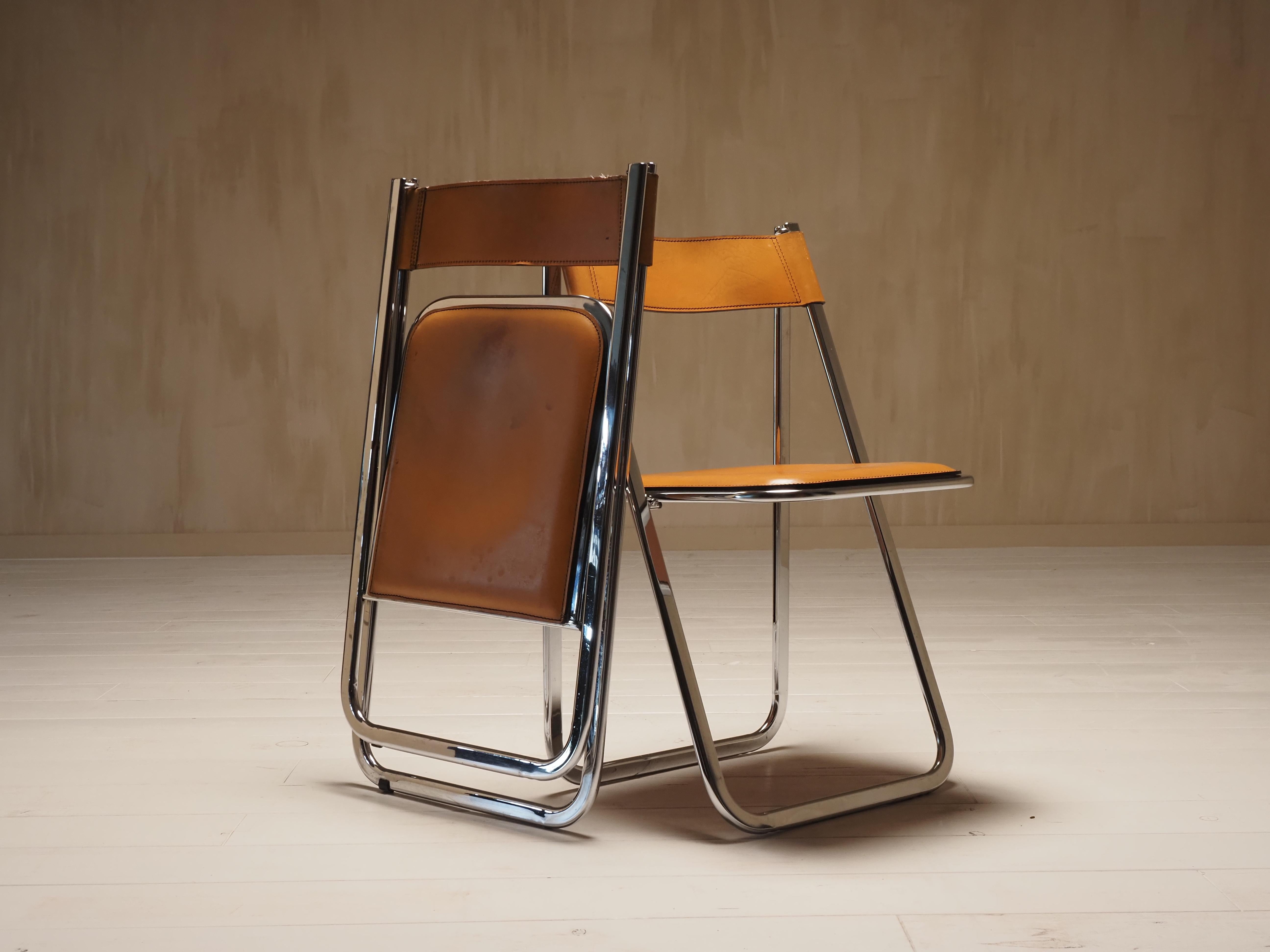 Pair of Folding Chairs by Arrben, model Tamara, in cognac leather, Italy 1970s 8