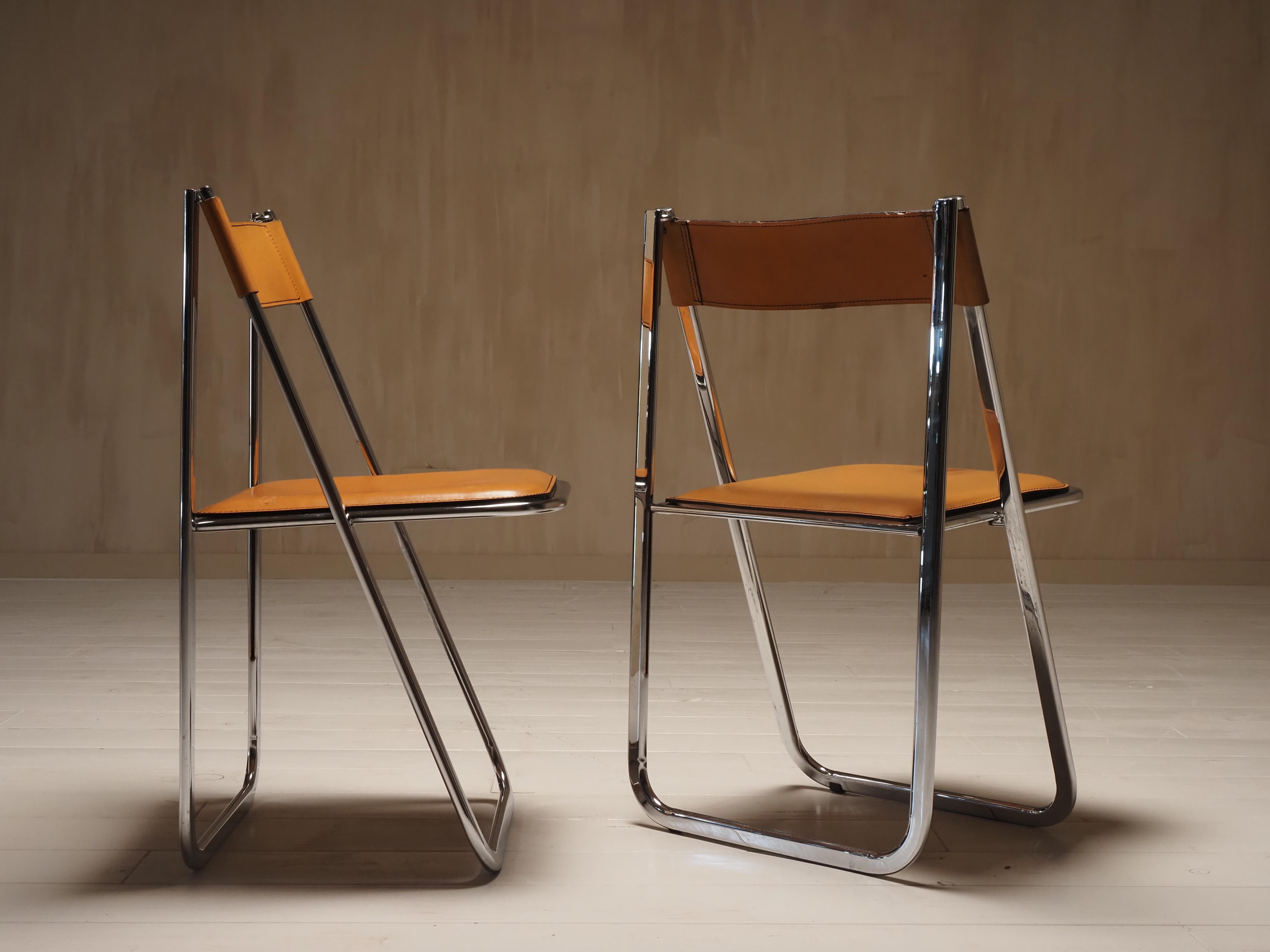 Italian Pair of Folding Chairs by Arrben, model Tamara, in cognac leather, Italy 1970s