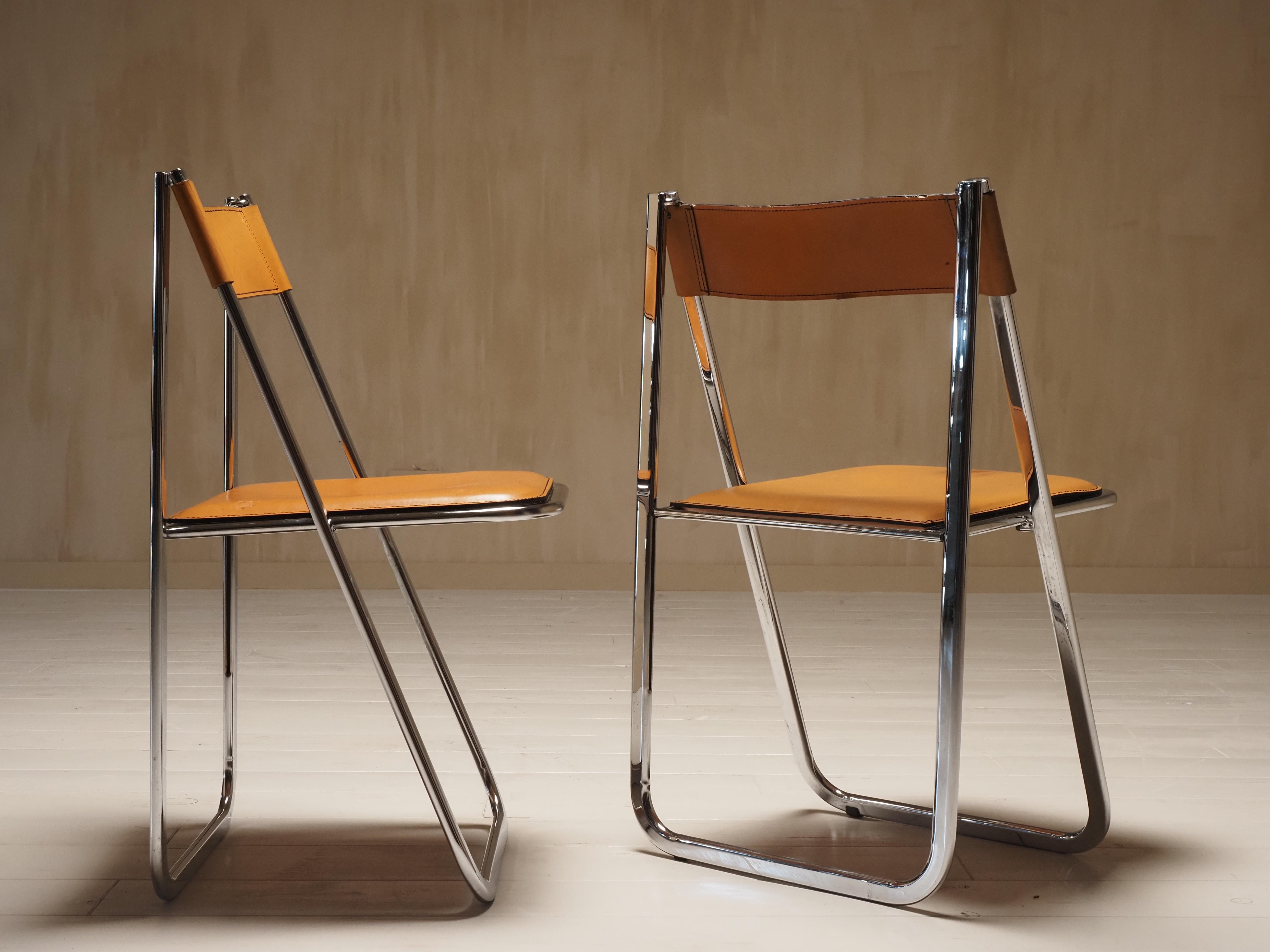 Pair of Folding Chairs by Arrben, model Tamara, in cognac leather, Italy 1970s In Good Condition In Diest, BE