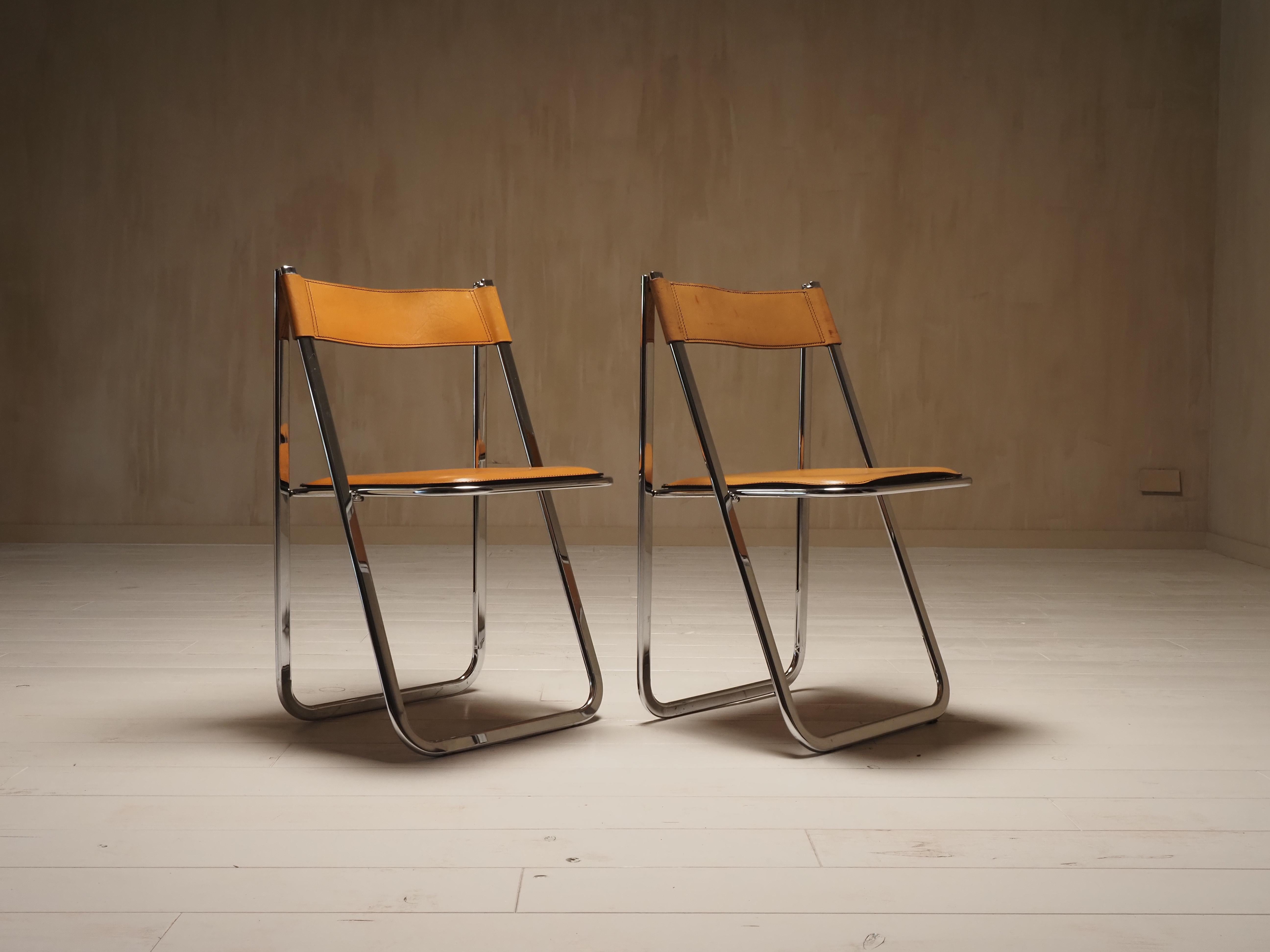Late 20th Century Pair of Folding Chairs by Arrben, model Tamara, in cognac leather, Italy 1970s