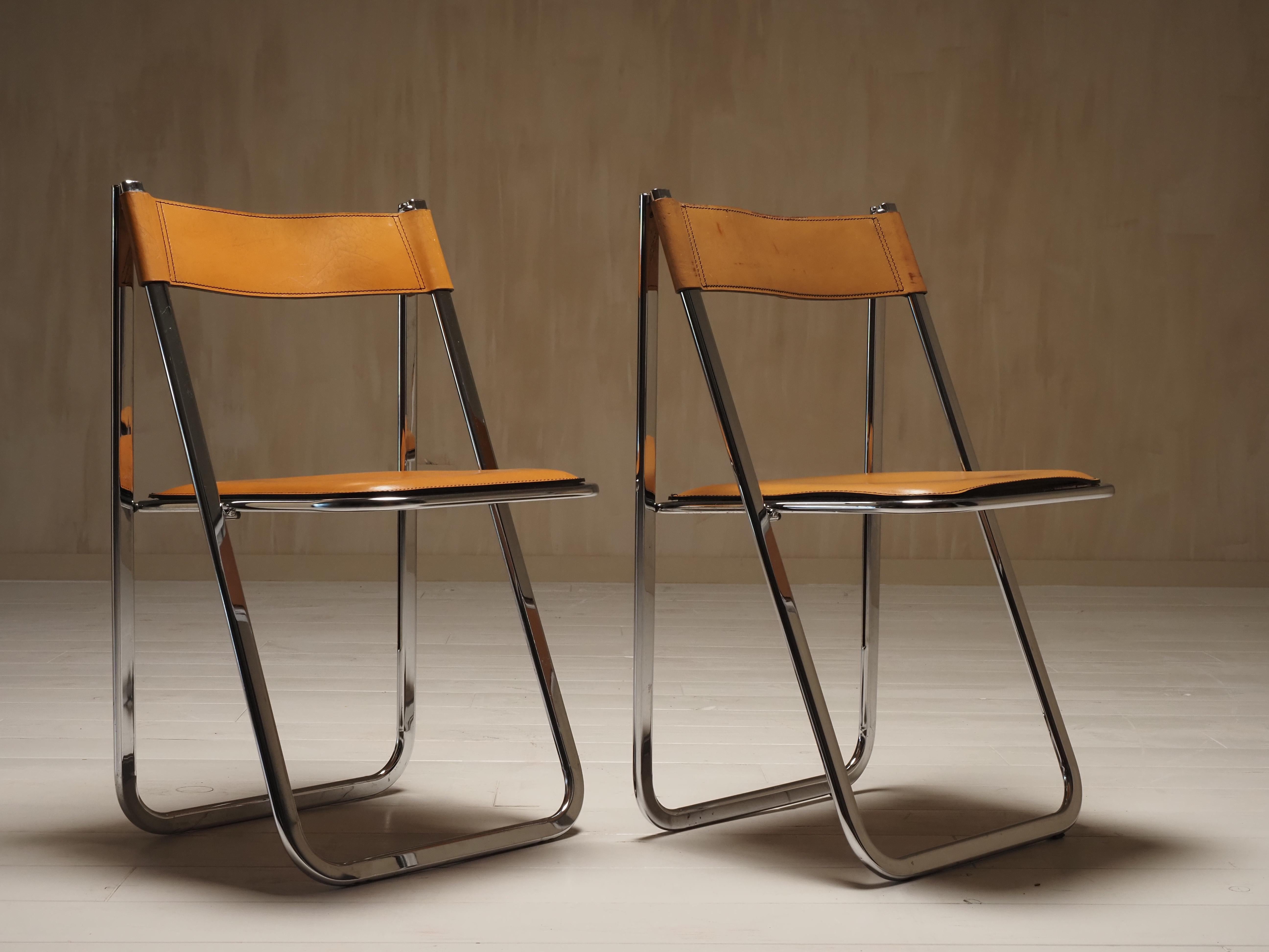 Leather Pair of Folding Chairs by Arrben, model Tamara, in cognac leather, Italy 1970s