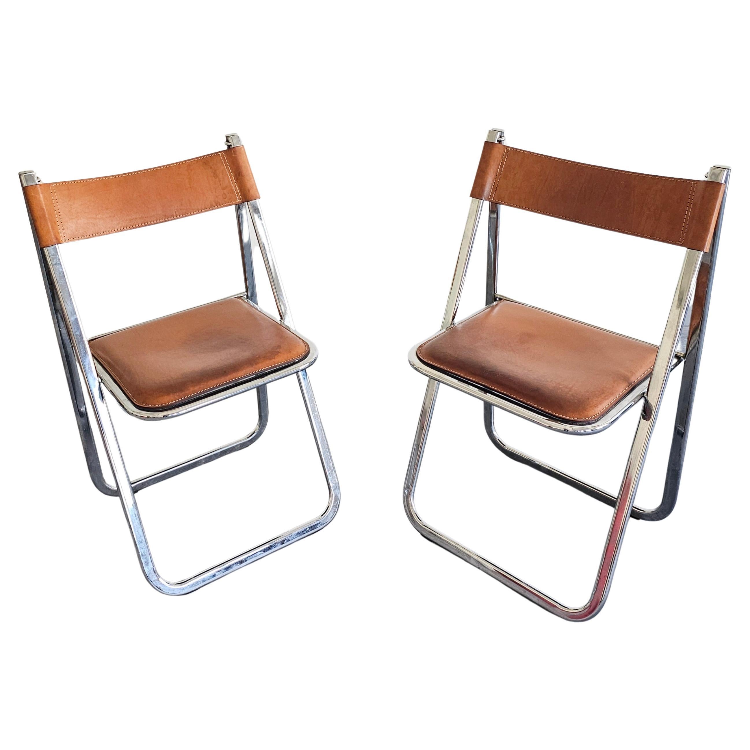 Pair of Folding Chairs by Arrben, model Tamara, in cognac leather, Italy 1970s