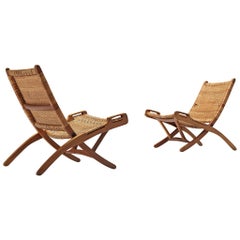 Pair of Folding Chairs in Wicker and Wood