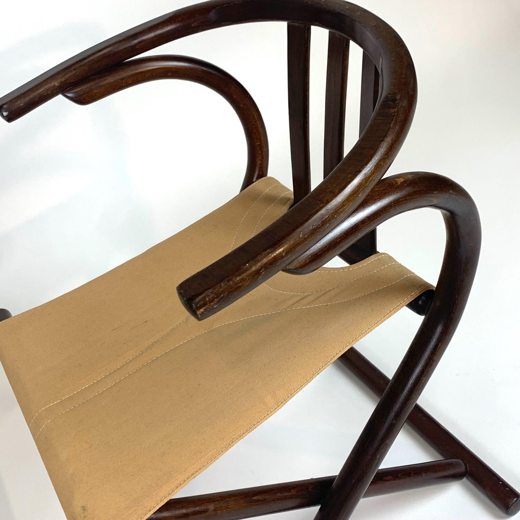 Unique Pair Folding Campaign Bentwood and Canvas Chairs by August Thonet, 1960s 5