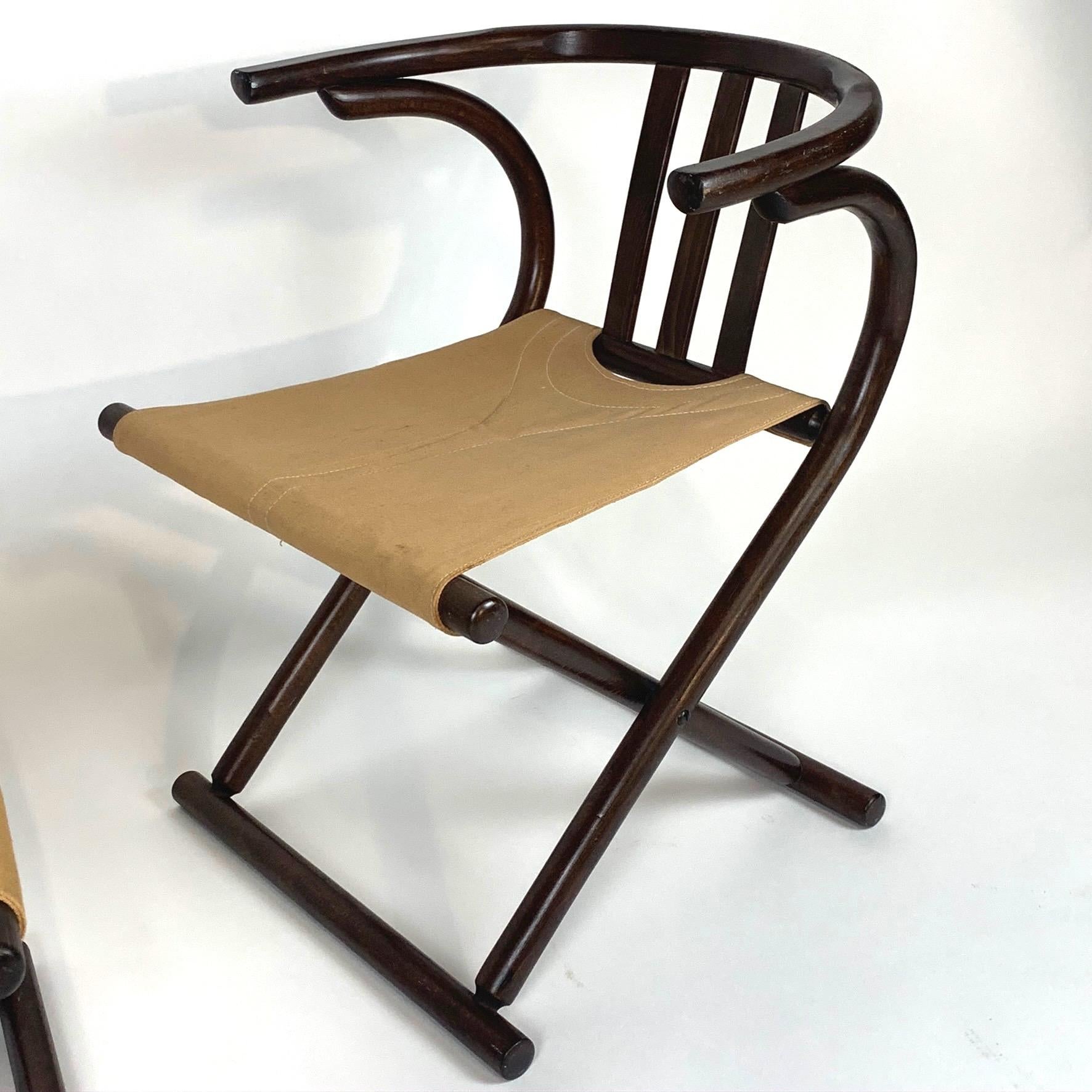 Unique Pair Folding Campaign Bentwood and Canvas Chairs by August Thonet, 1960s 6
