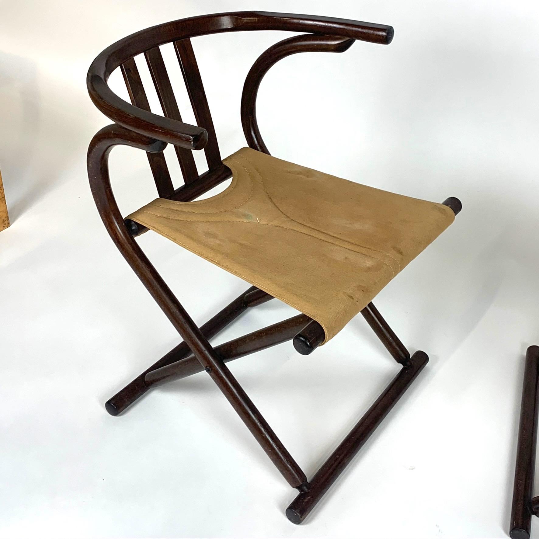 Unique Pair Folding Campaign Bentwood and Canvas Chairs by August Thonet, 1960s 7
