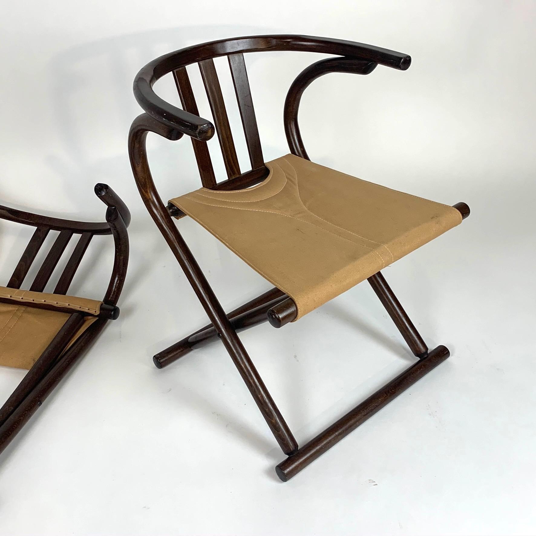 Unique Pair Folding Campaign Bentwood and Canvas Chairs by August Thonet, 1960s 8