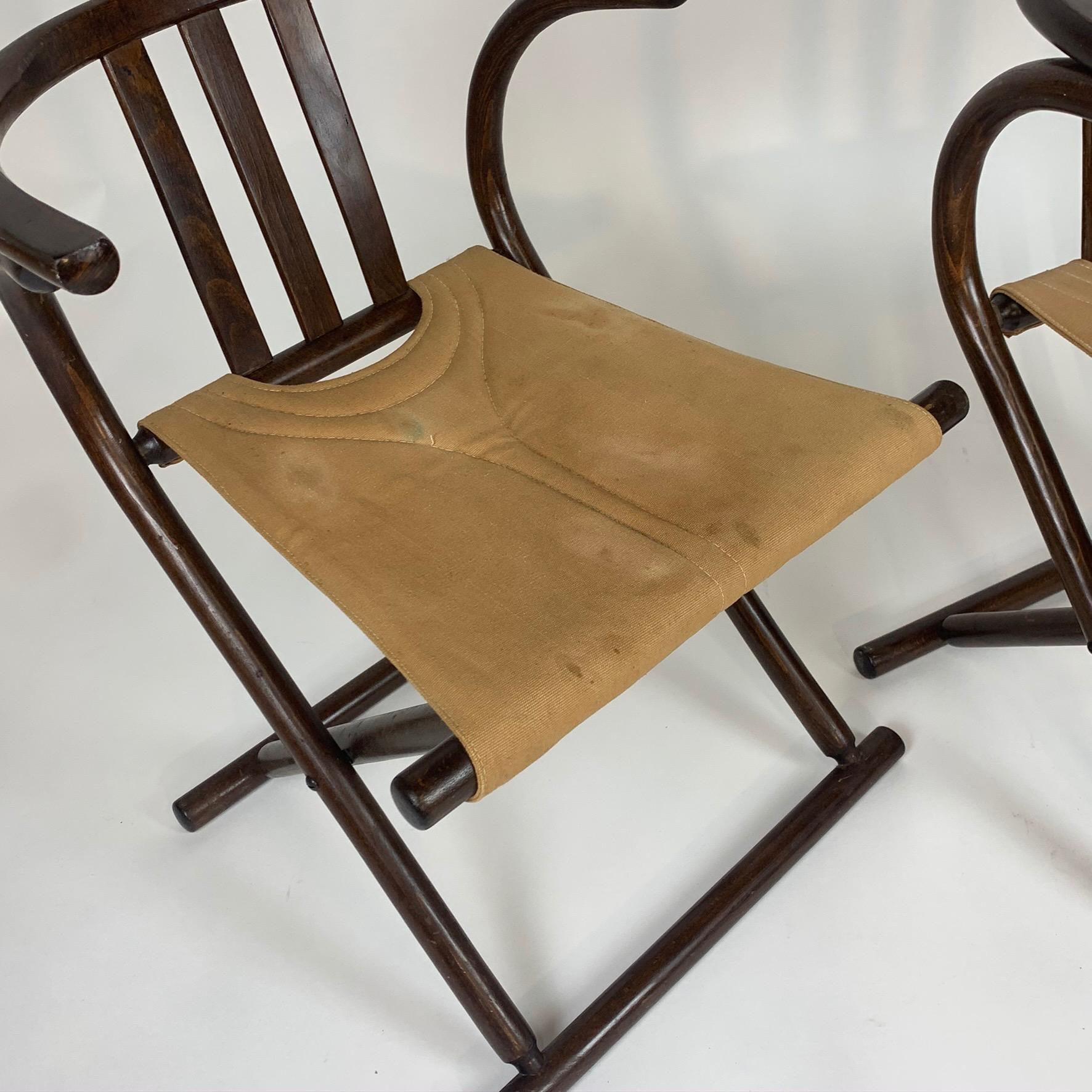 Unique Pair Folding Campaign Bentwood and Canvas Chairs by August Thonet, 1960s 11