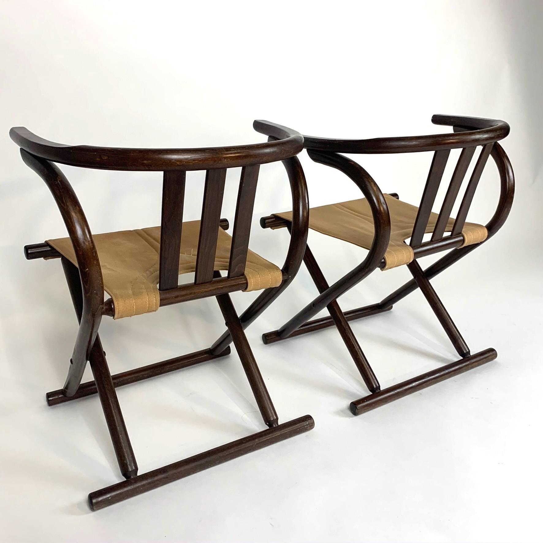 Unique Pair Folding Campaign Bentwood and Canvas Chairs by August Thonet, 1960s 14