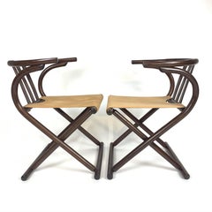 Unique Pair Folding Campaign Bentwood and Canvas Chairs by August Thonet, 1960s