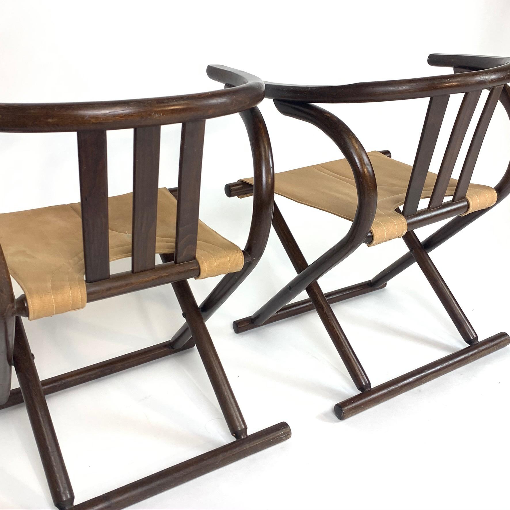 Unique Pair Folding Campaign Bentwood and Canvas Chairs by August Thonet, 1960s 15