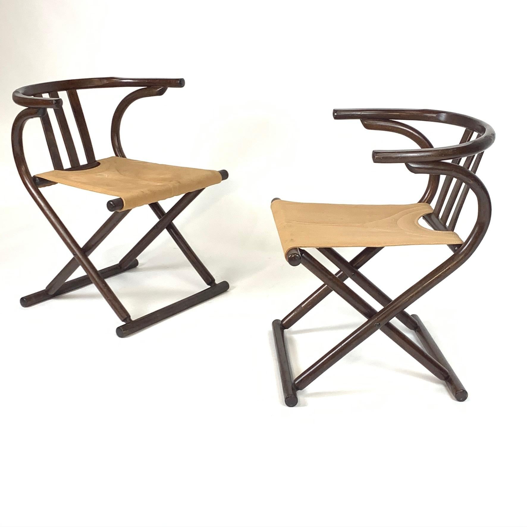 German Unique Pair Folding Campaign Bentwood and Canvas Chairs by August Thonet, 1960s