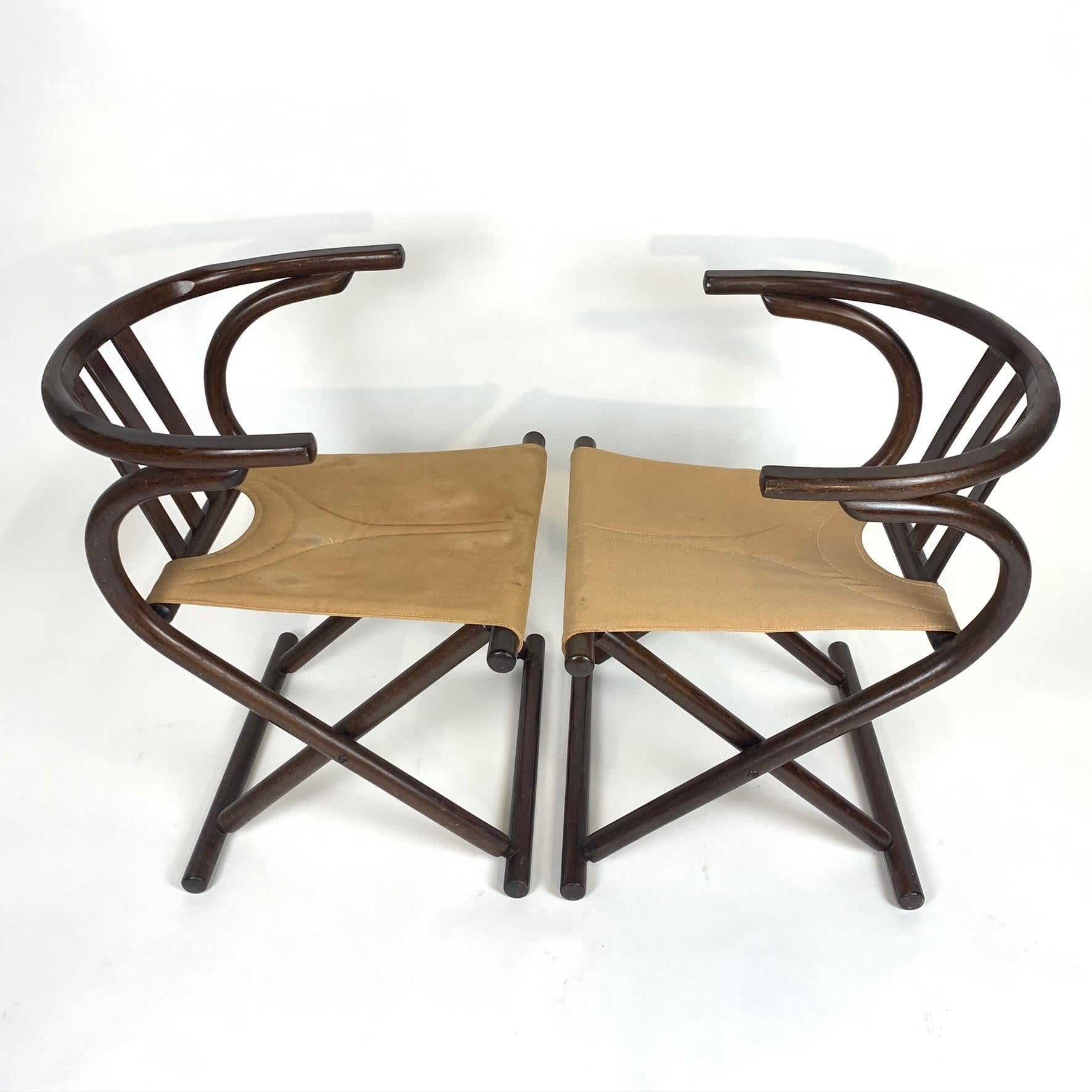 Unique Pair Folding Campaign Bentwood and Canvas Chairs by August Thonet, 1960s In Good Condition In Hudson, NY