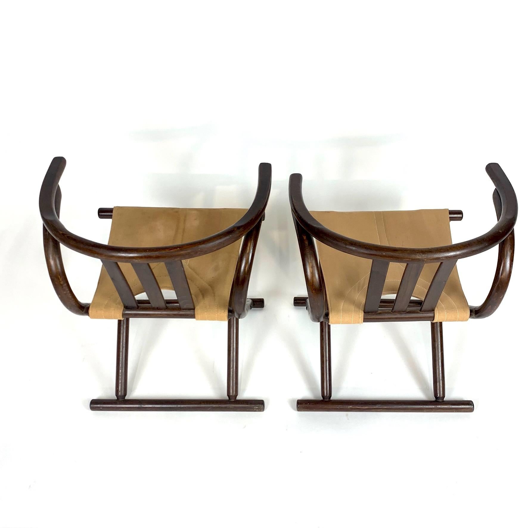 Mid-20th Century Unique Pair Folding Campaign Bentwood and Canvas Chairs by August Thonet, 1960s