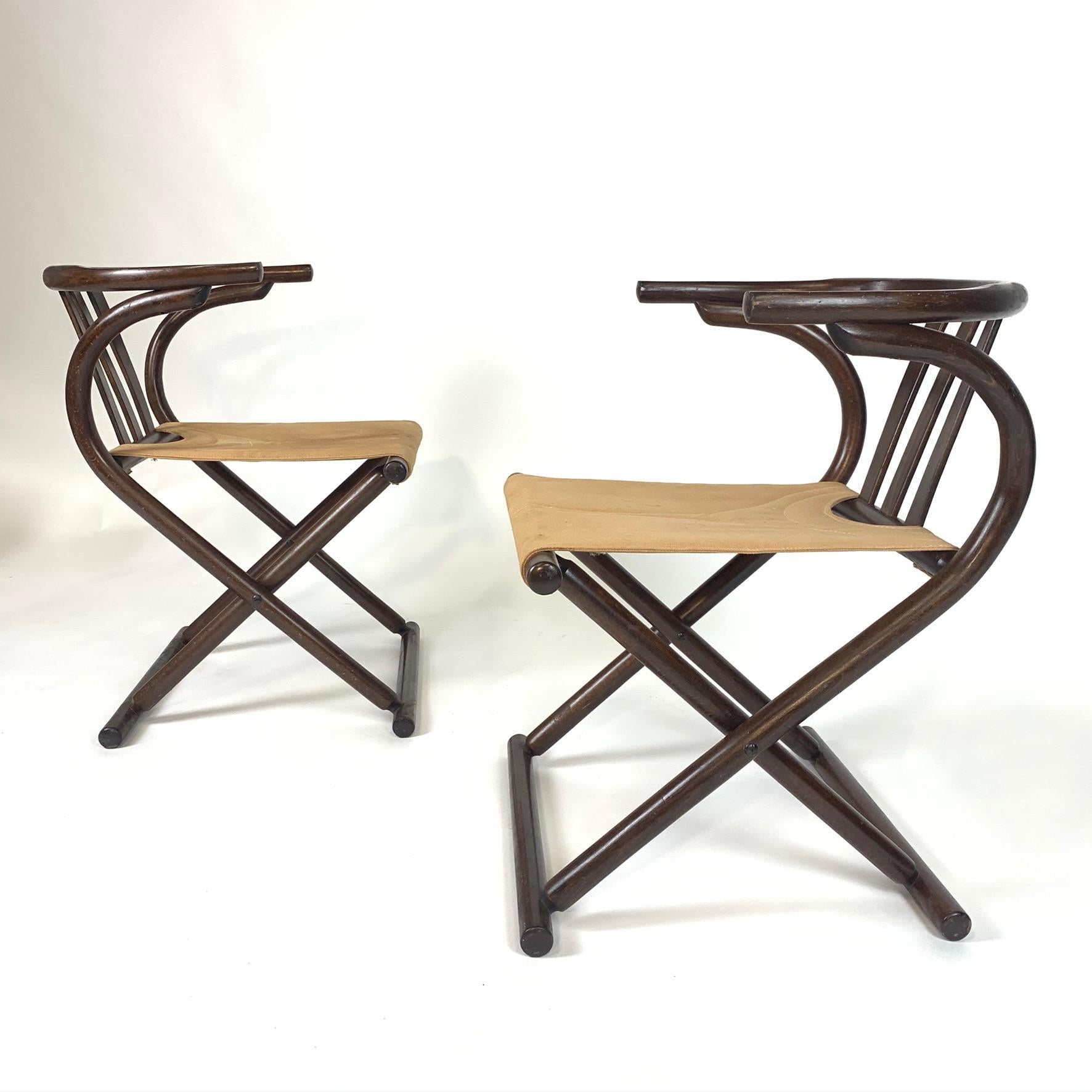 Unique Pair Folding Campaign Bentwood and Canvas Chairs by August Thonet, 1960s 1