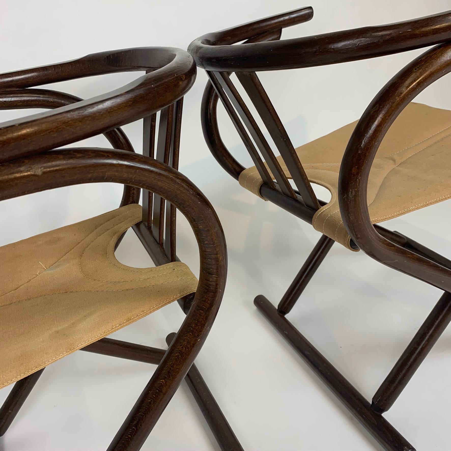 Unique Pair Folding Campaign Bentwood and Canvas Chairs by August Thonet, 1960s 2