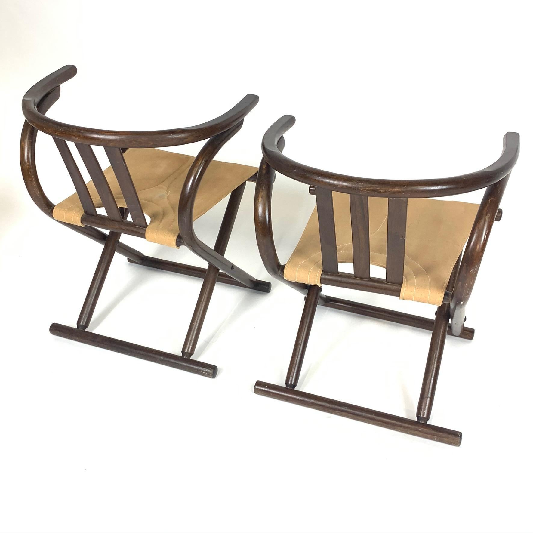 Unique Pair Folding Campaign Bentwood and Canvas Chairs by August Thonet, 1960s 3