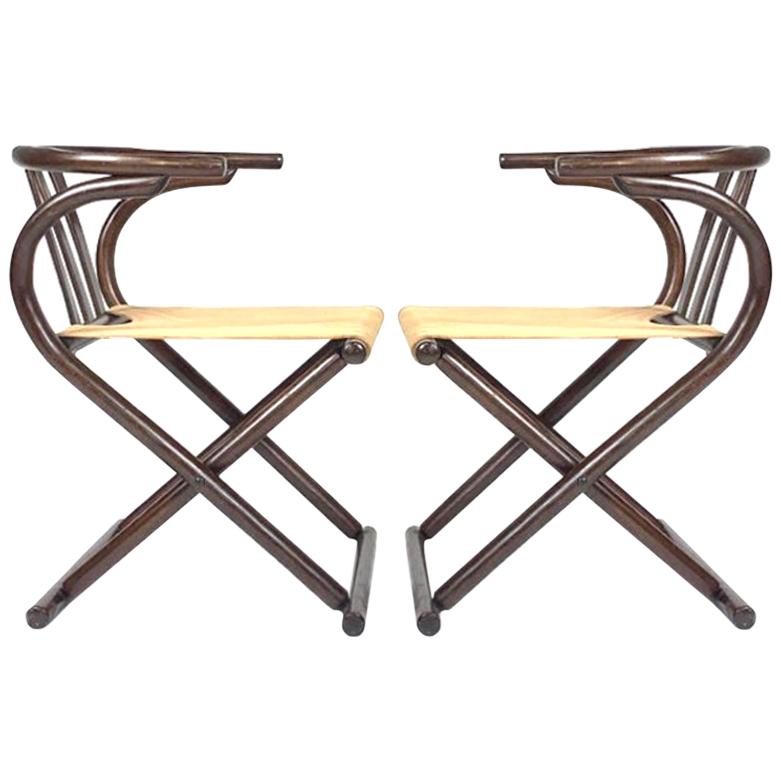 Unique Pair Folding Campaign Bentwood and Canvas Chairs by August Thonet, 1960s