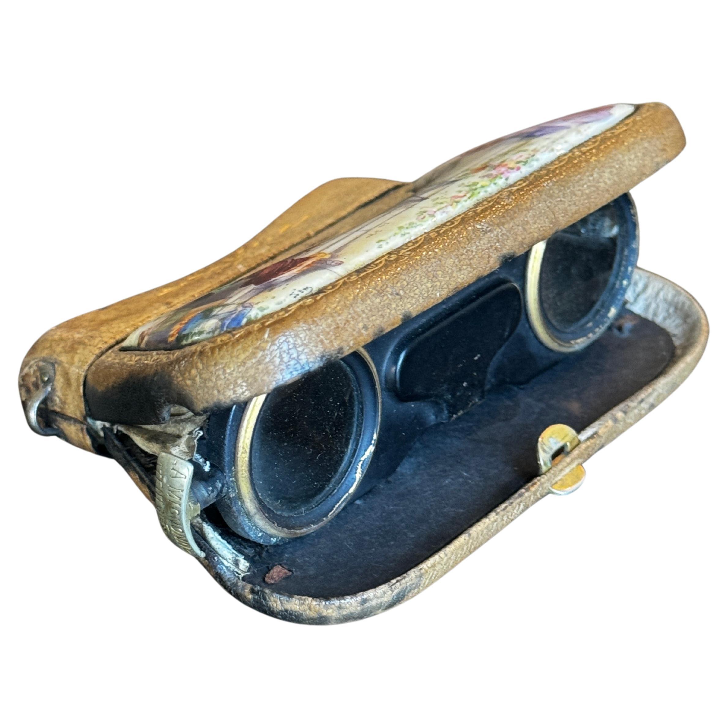 Pair of Folding Opera Glasses Tooled Leather in Purse Form For Sale